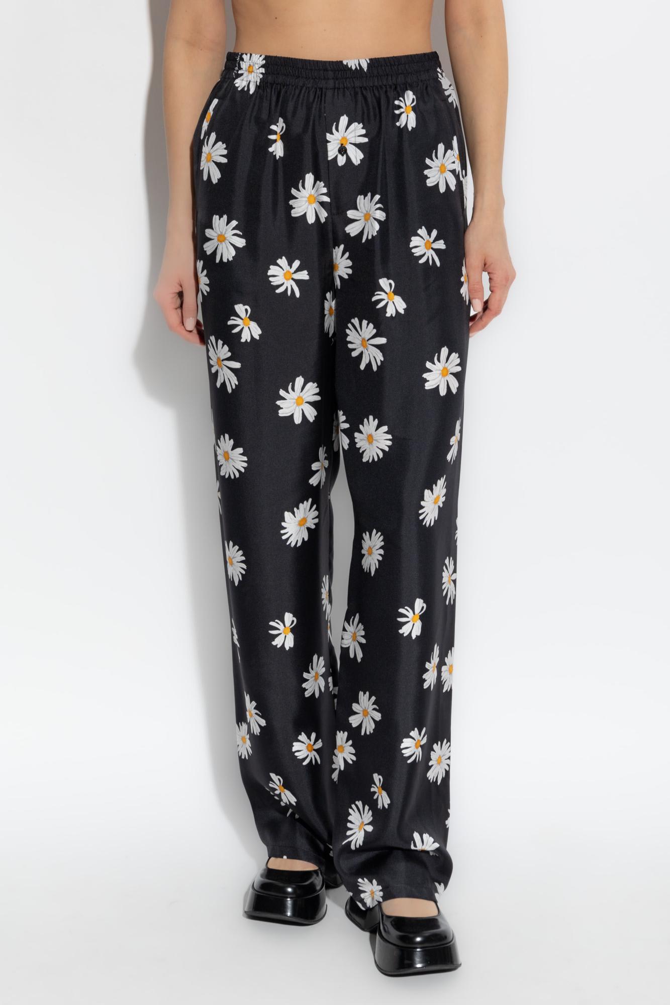 Moschino Black Silk Twill Allover Daisy Trousers In 1555