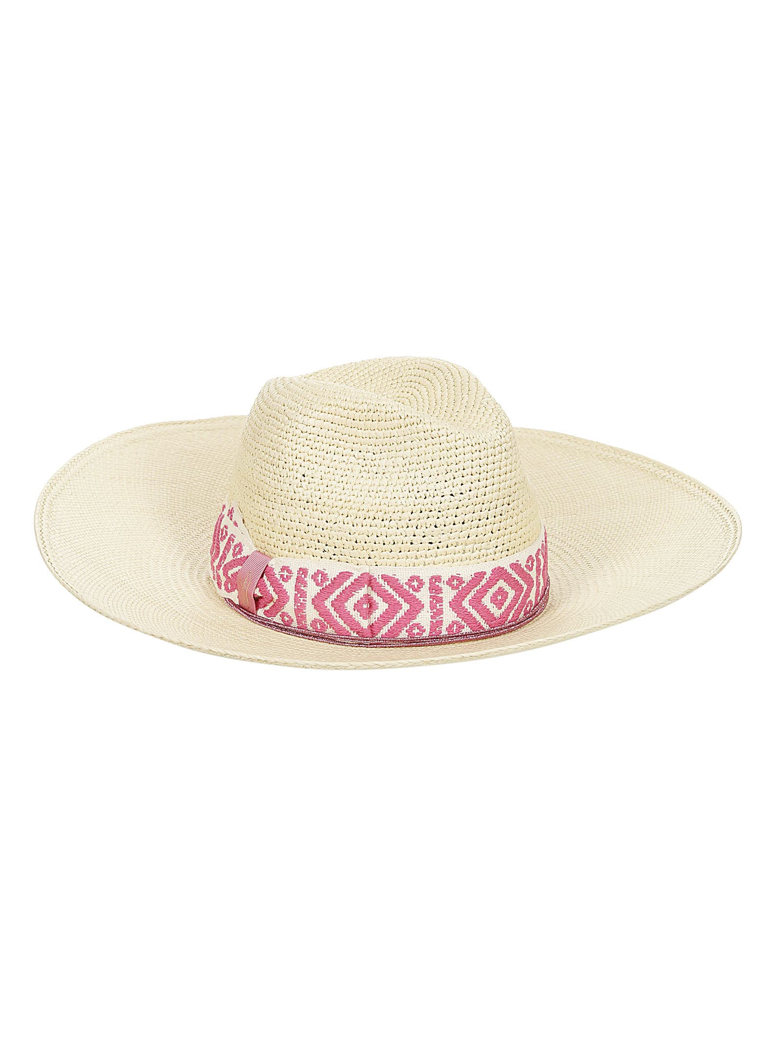 Borsalino Panama Semicrochet In Natural, Patterned Fuchsia/cream Hat Band