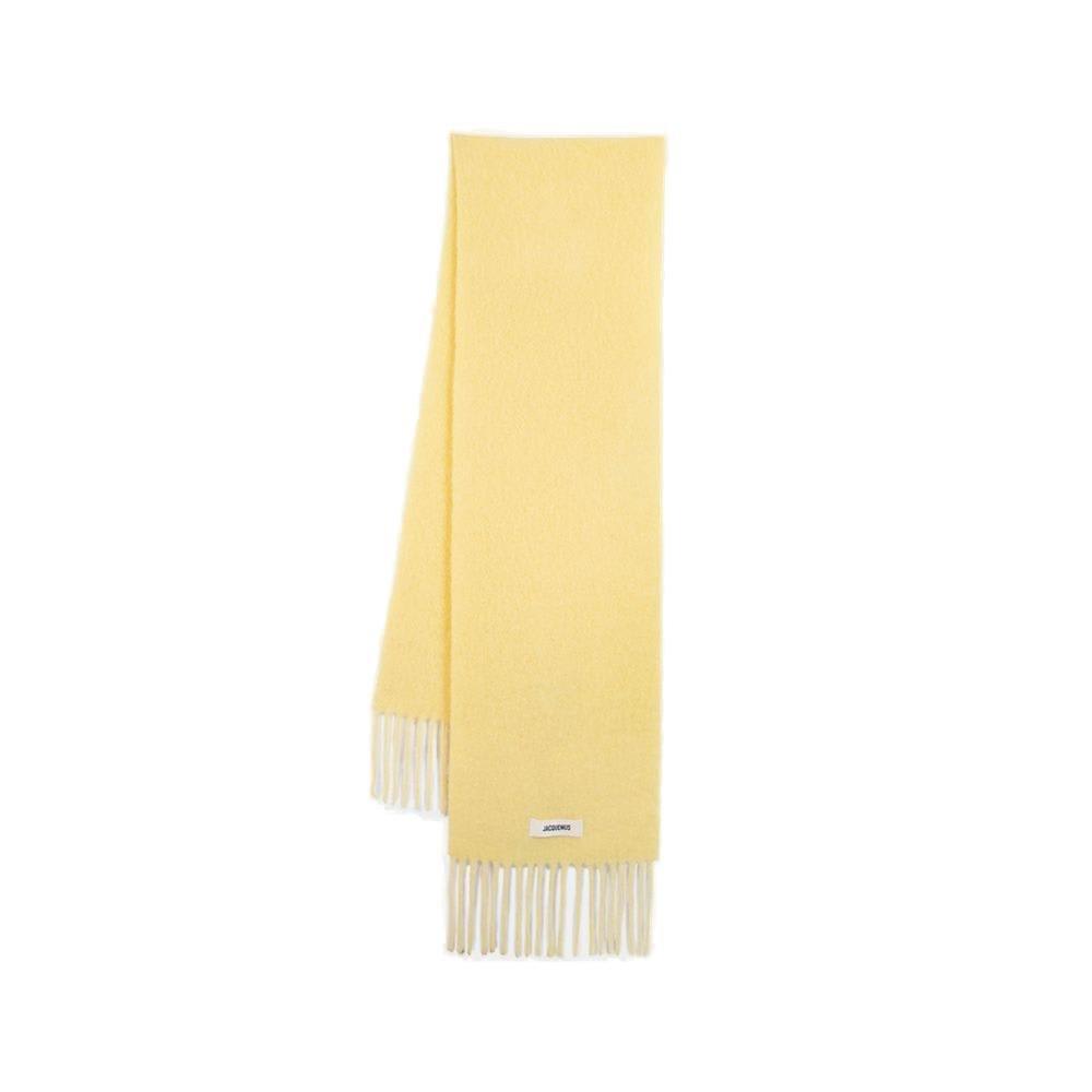 Shop Jacquemus Logo Patch Fringed Scarf In Yellow