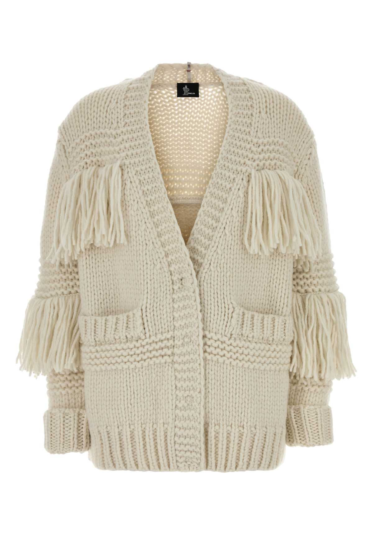 Moncler Grenoble Fringe Trim Wool Blend Cardigan In White