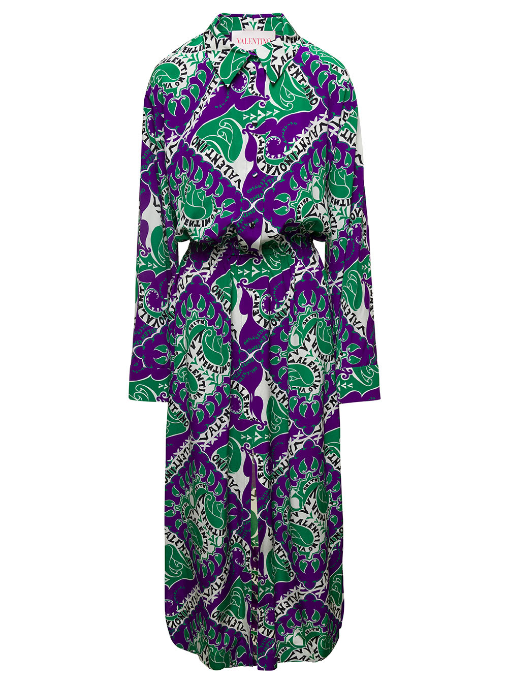 VALENTINO MULTIcolour MAXI-SHIRT-DRESS WITH LOGO GRAPHIC PRINT ALL-OVER IN SILK WOMAN