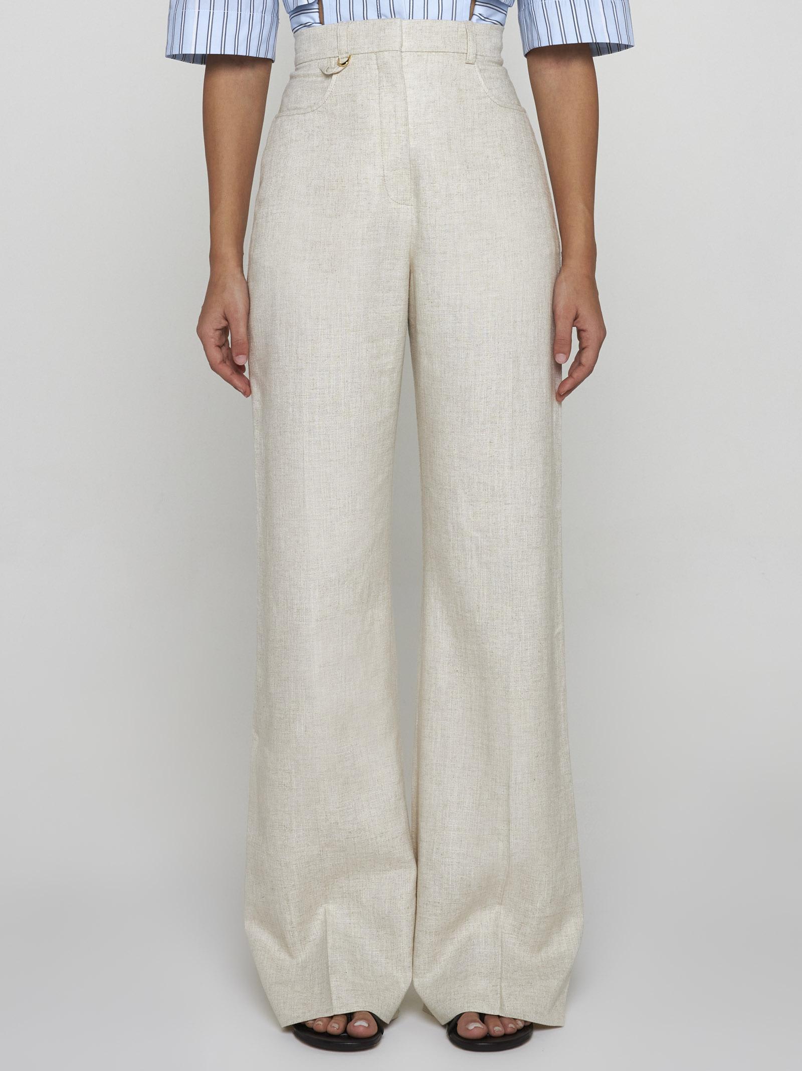 Shop Jacquemus Sauge Viscose And Linen Trousers In Beige