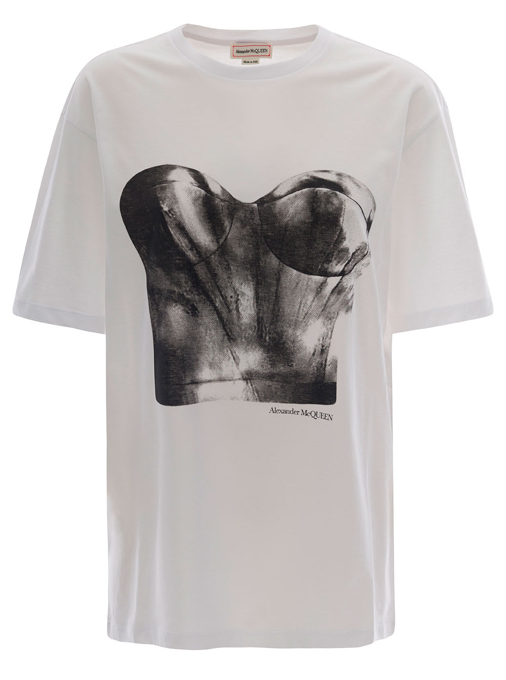 Alexander McQueen White Crewneck T-shirt With Bustier Print In Cotton Woman