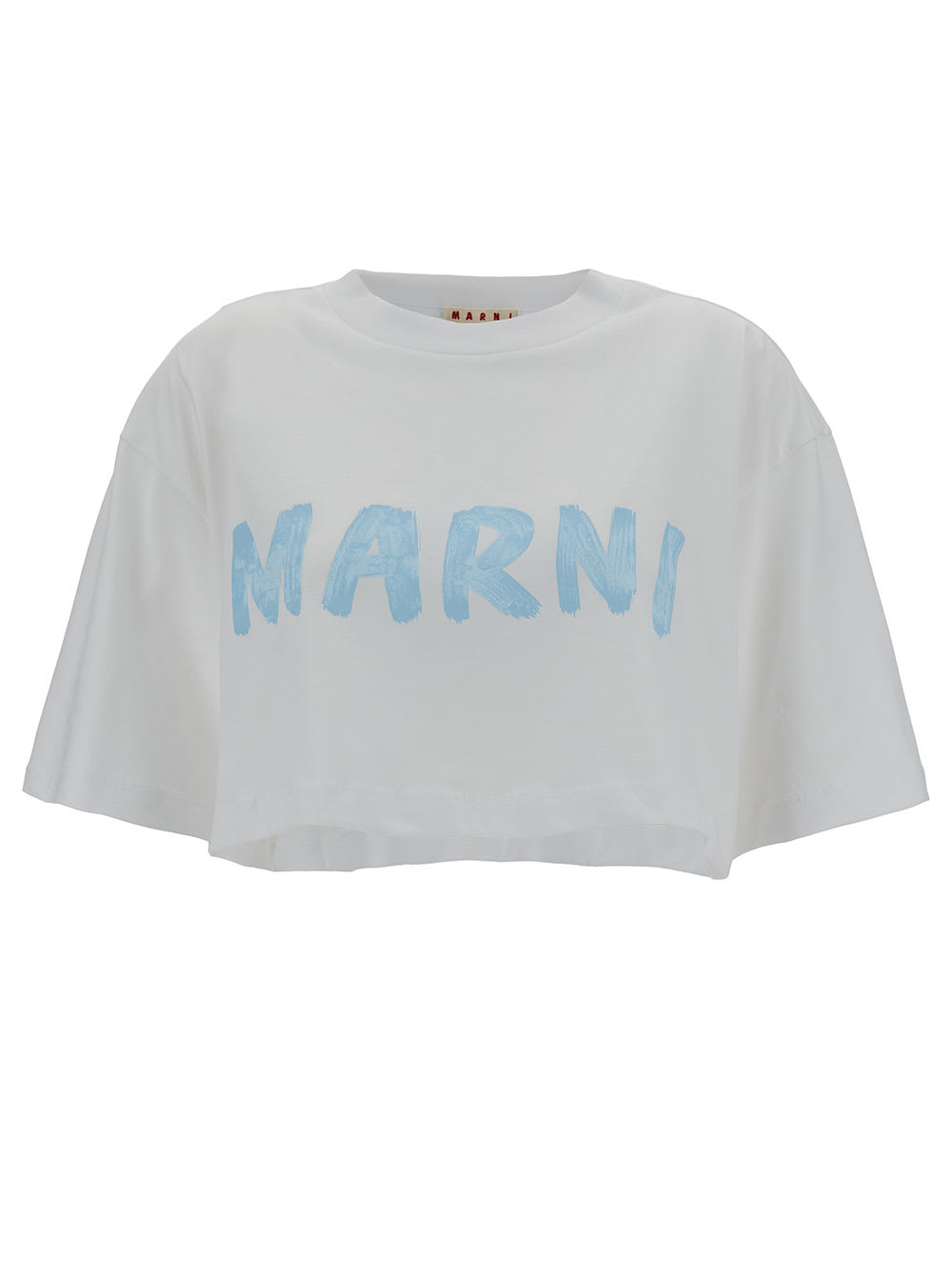 Shop Marni White Cropped T-shirt With Logo Print In Cotton Woman