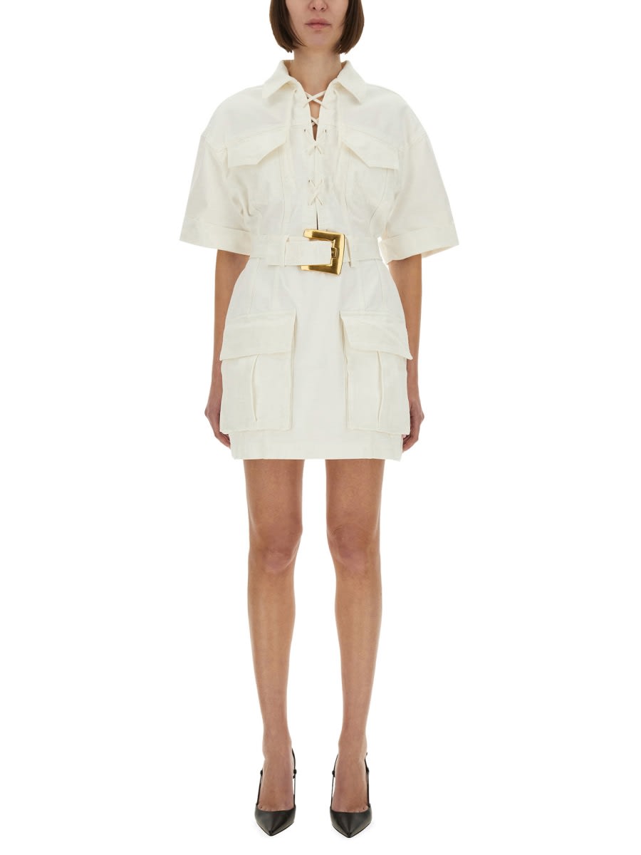 Balmain Short Dress With Belted Waist And Front Pockets In Neutral