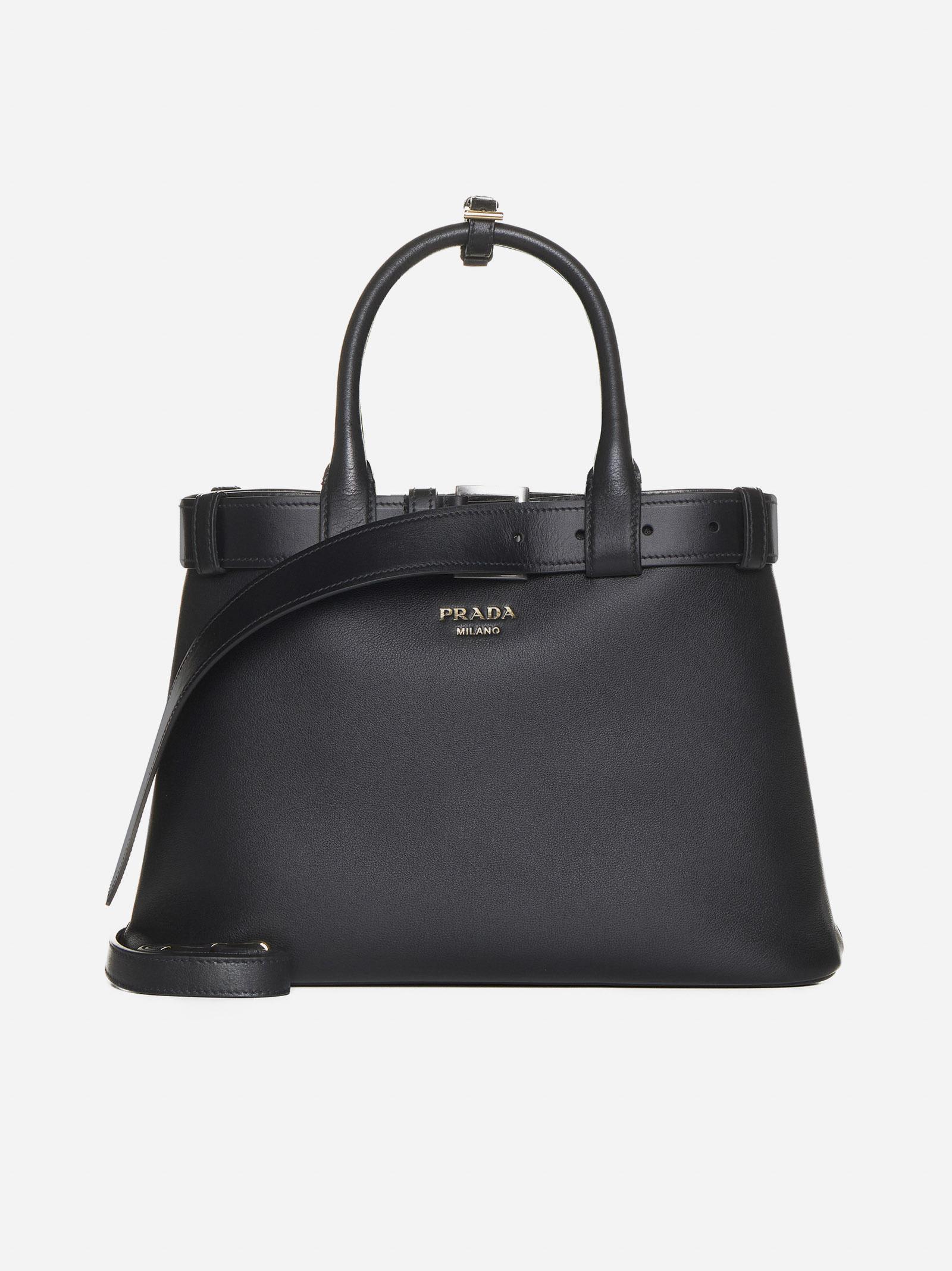 Shop Prada Buckle Leather Medium Tote Bag