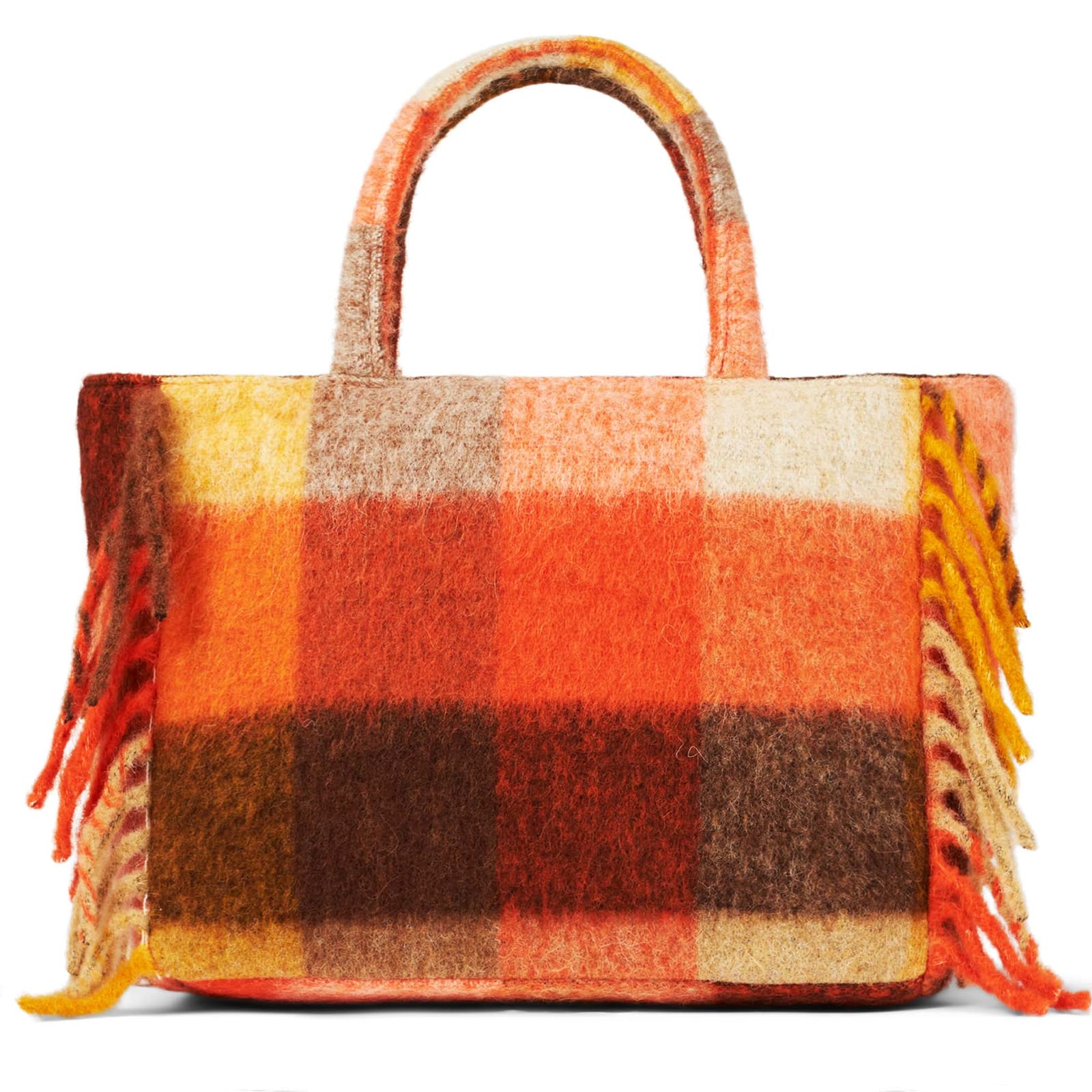 Shop Mc2 Saint Barth Vanity Blanket Shoulder Bag With Multicolor Check And Fringes In Brown