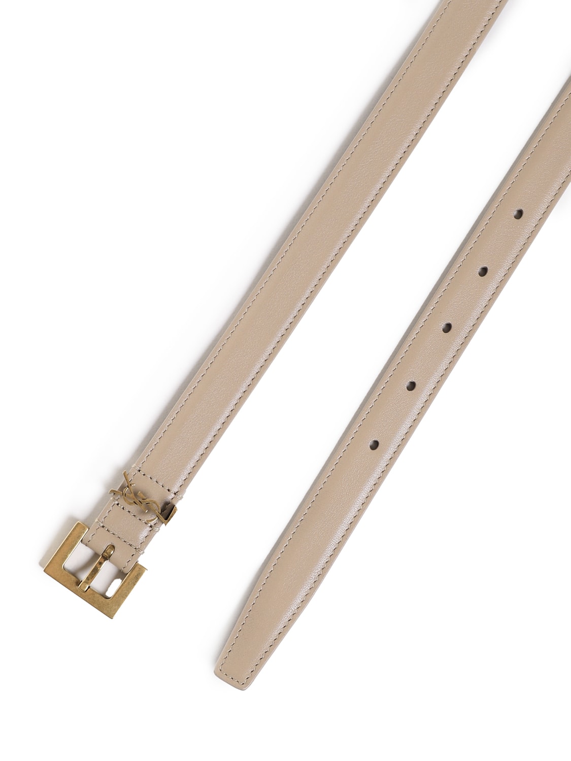 Shop Saint Laurent Cassandre Thin Leather Belt In Beige