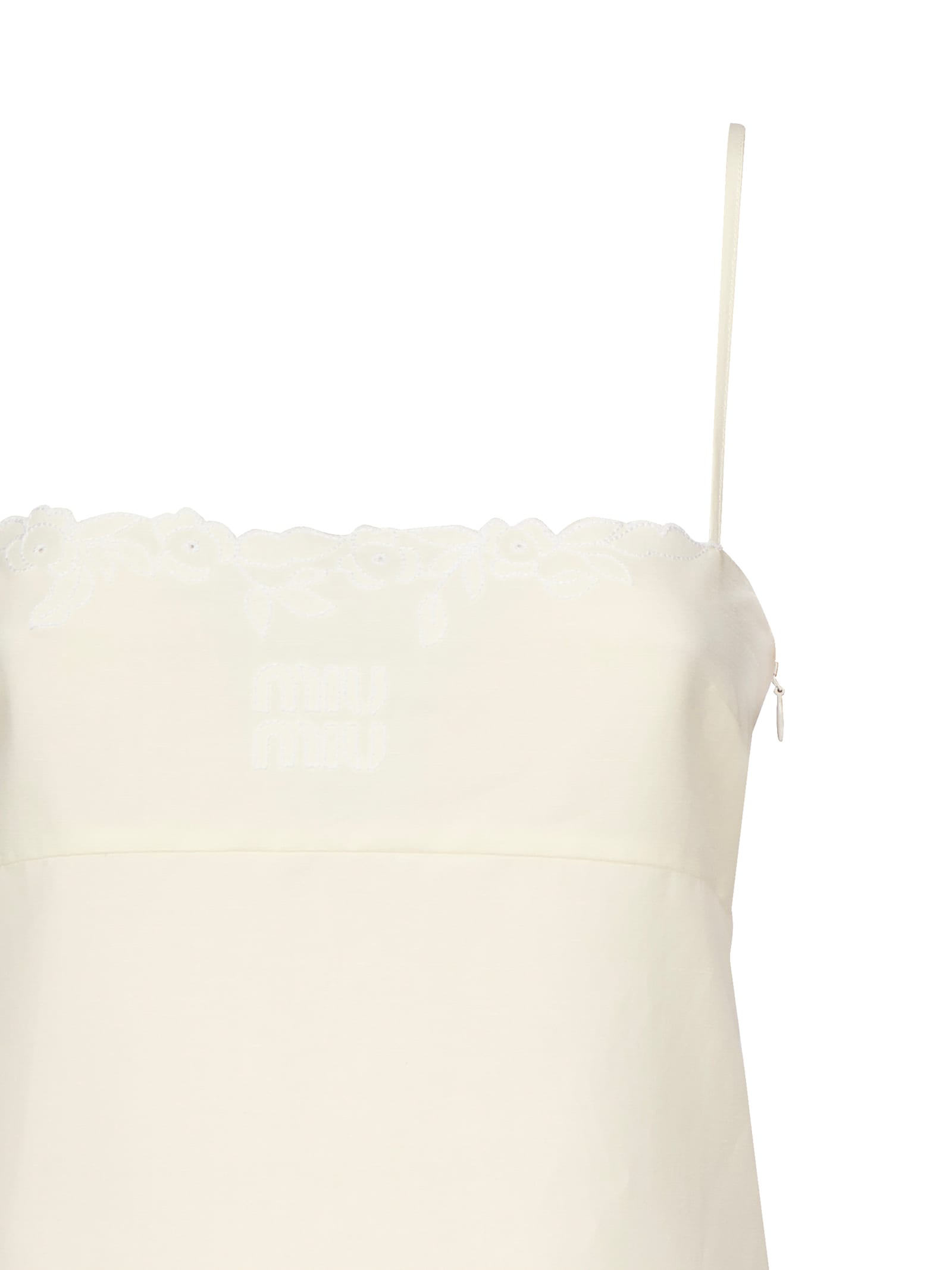 Miu Miu Short Dress In Flamed Canvas With Embroidery In White