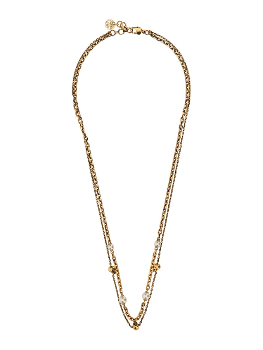 Shop Alexander Mcqueen Skull Necklace With Pearls In Gold