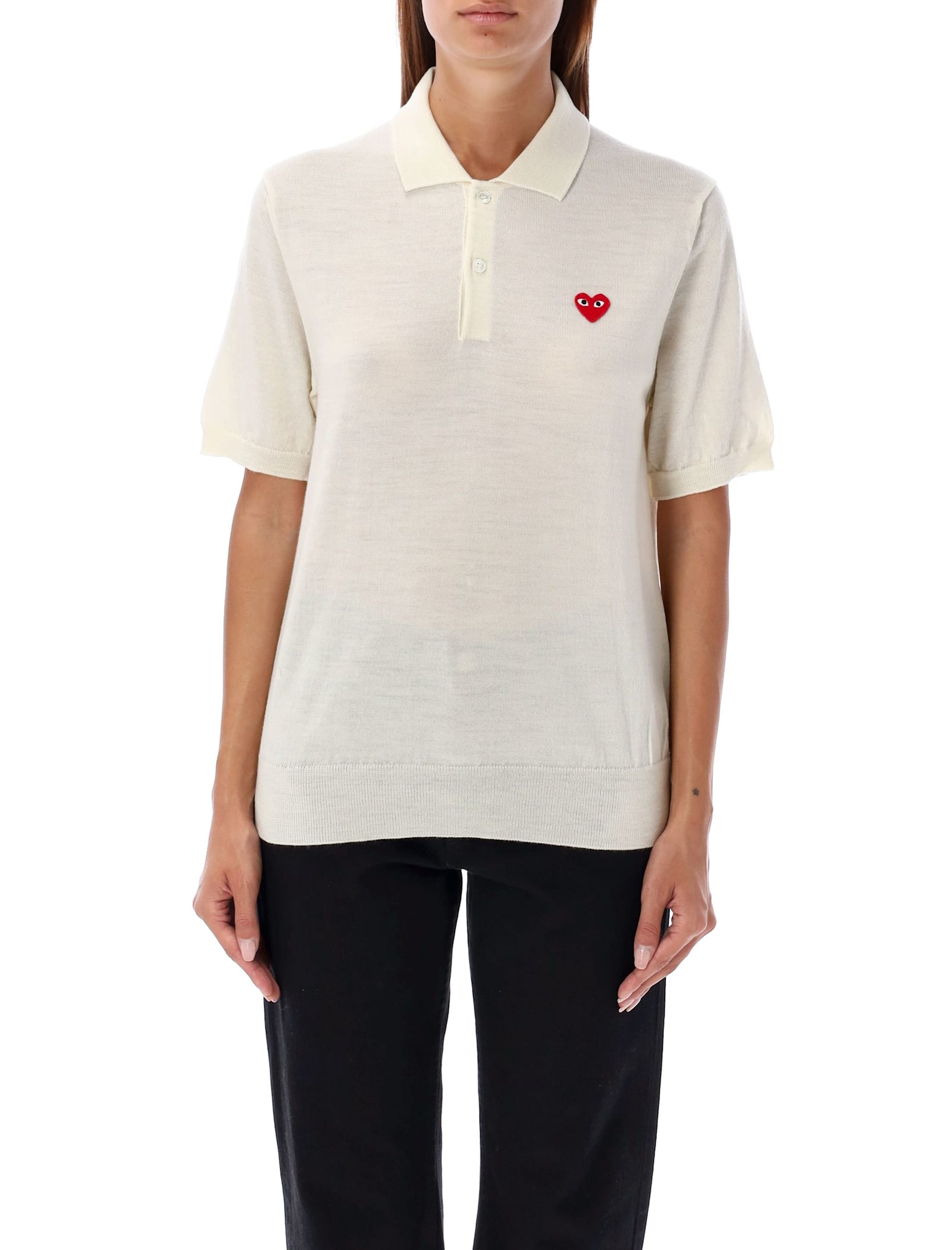 Shop Comme Des Garçons Play Red Heart Knit Polo Shirt In White