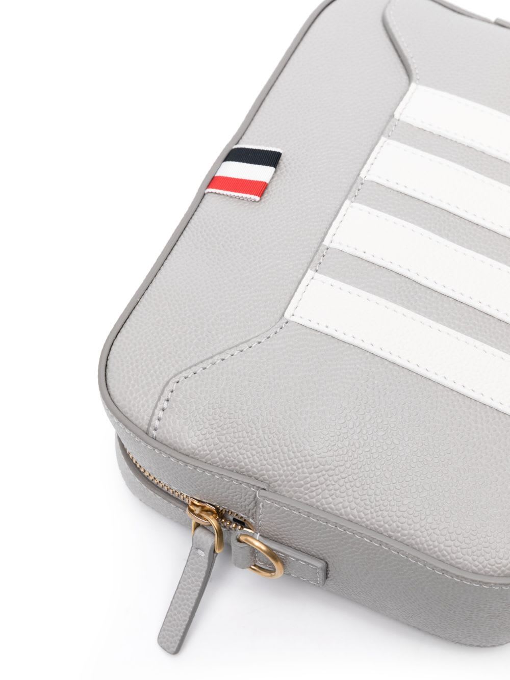 Shop Thom Browne Small Camera Bag With Rwb Strap & 4 Bar Stripes In Pebble Grain Leather In Lt Grey