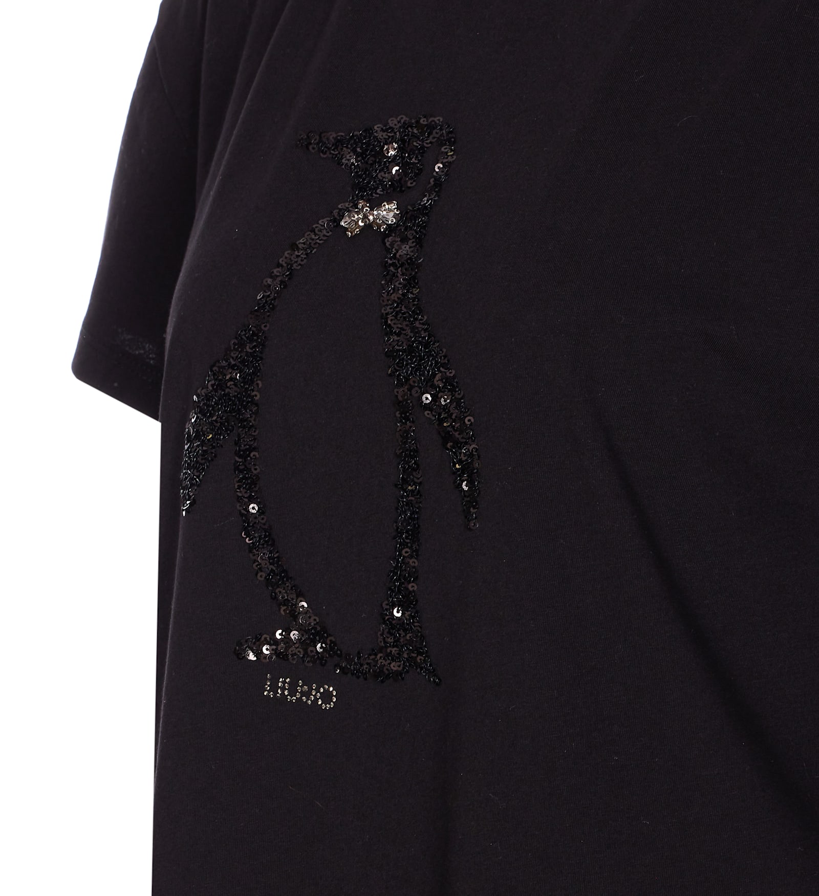 Liu •jo Crewneck Graphic Sequin Embellished T-shirt In Black