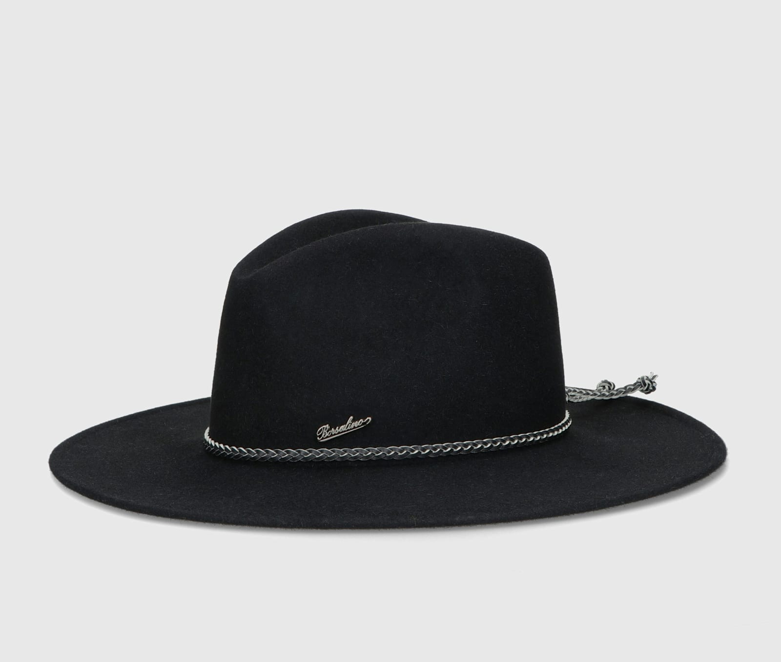 Shop Borsalino Andrea Brushed Felt With Leather Braided Belt In Black, Tone On Tone Hatband