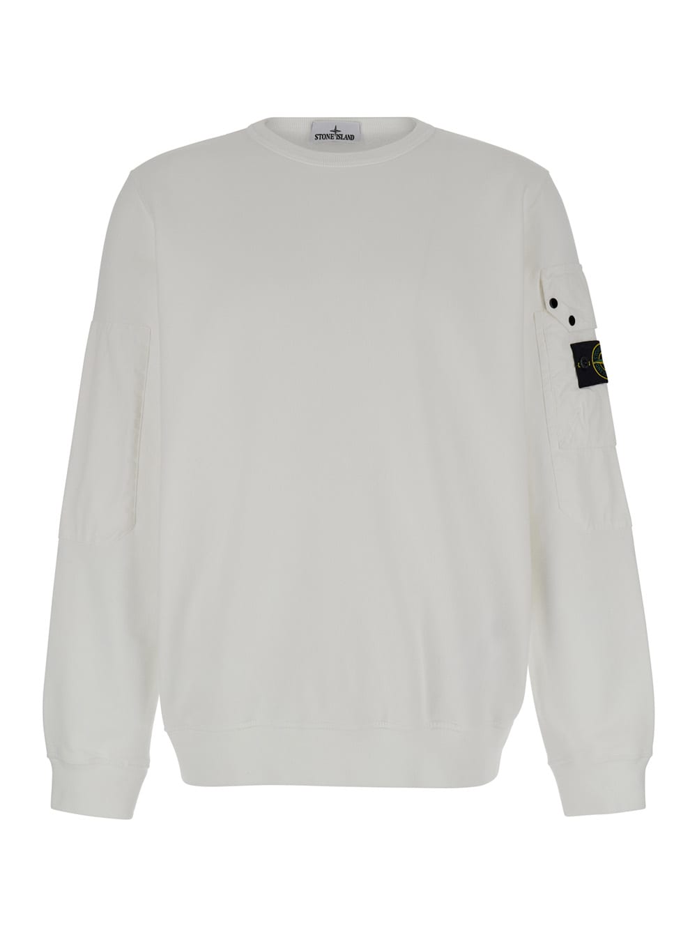Stone Island White Crewneck Sweater With Patch Pocket In Cotton Man