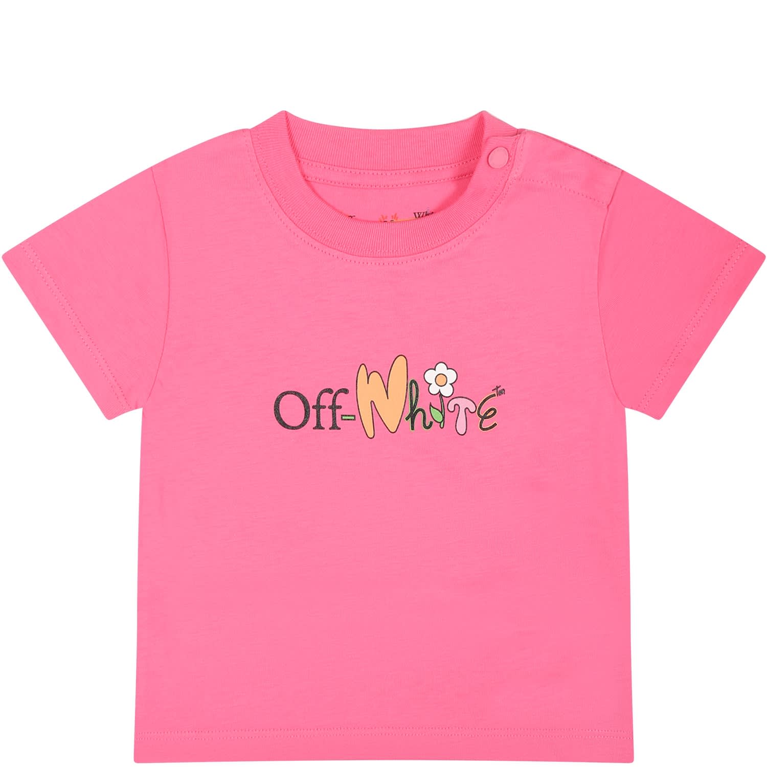 OFF-WHITE FUCHSIA T-SHIRT FOR BABY GIRL WITH LOGO