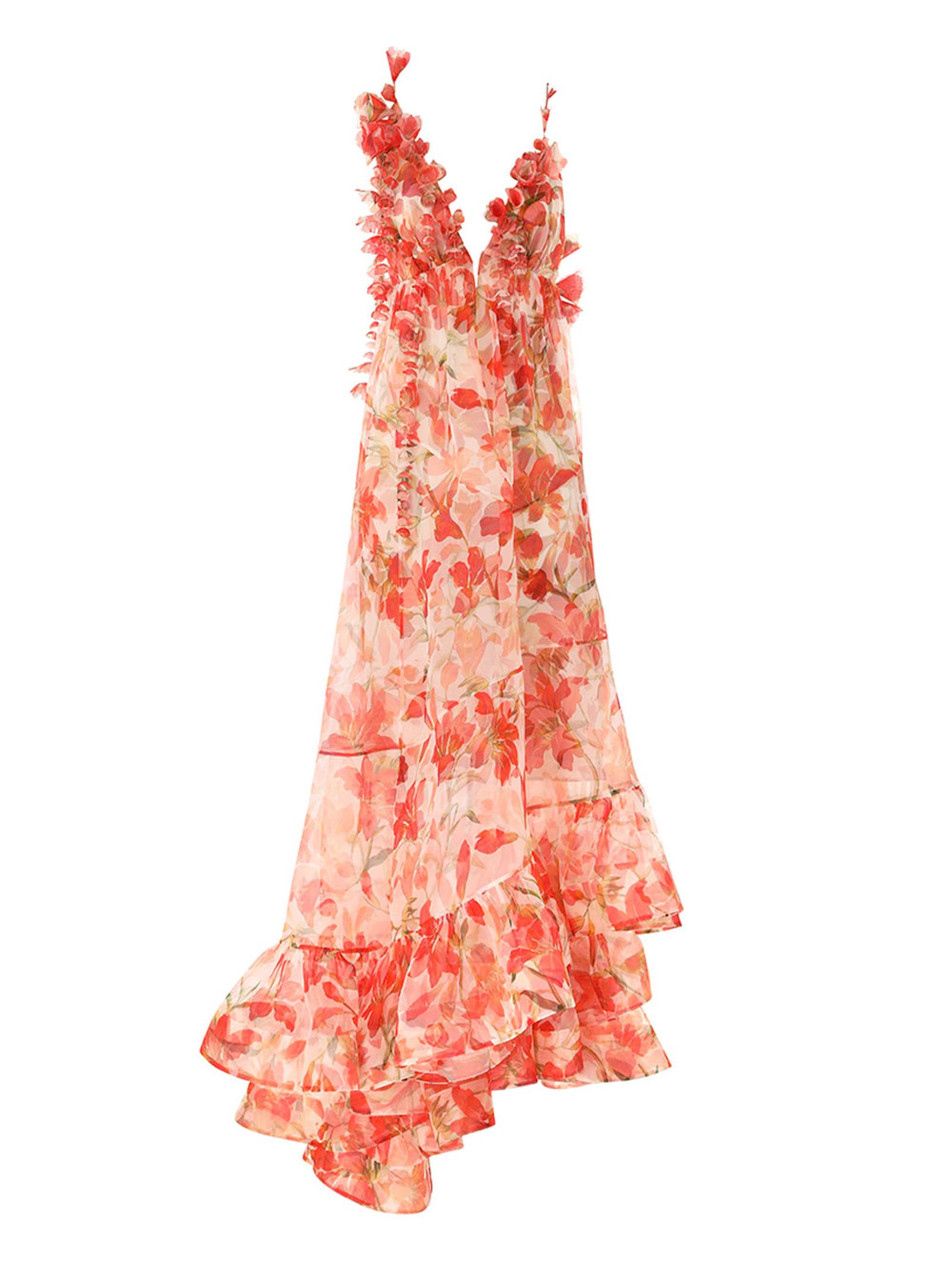 Zimmermann Tranquillity Floral Strap Gown In Red Lily