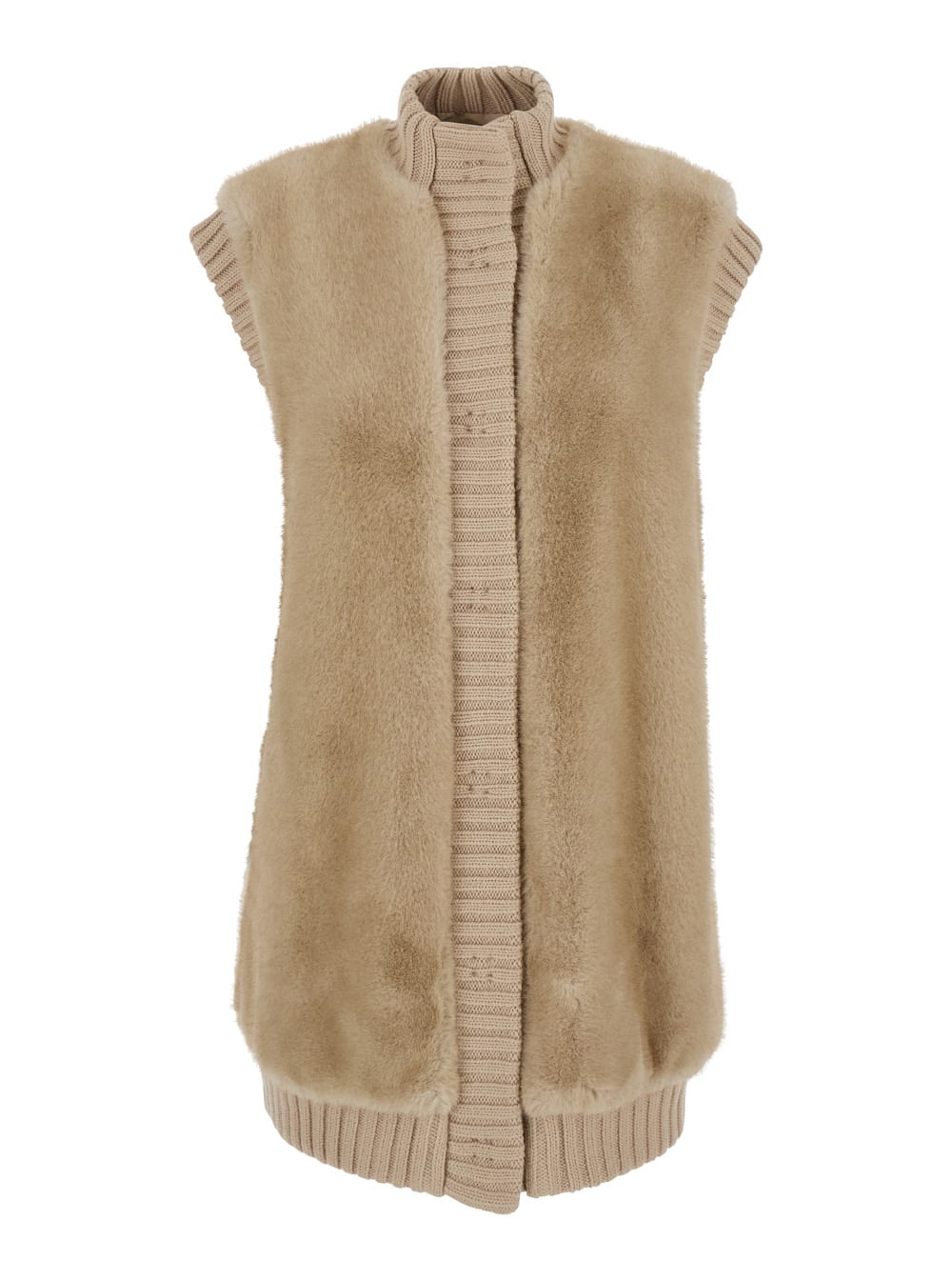Pinko Genovese Beige Sleeveless Vest With High Neck And Ribbed Details In Ecofur Woman In Neutral