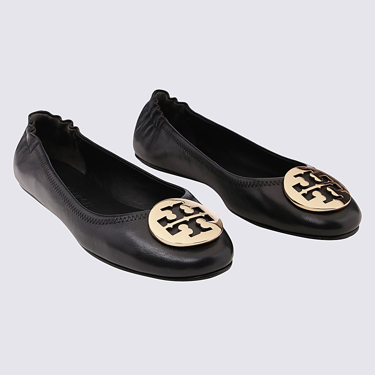 Shop Tory Burch Black Leather Minnie Ballerina Shoes In Perfect Black / Gold