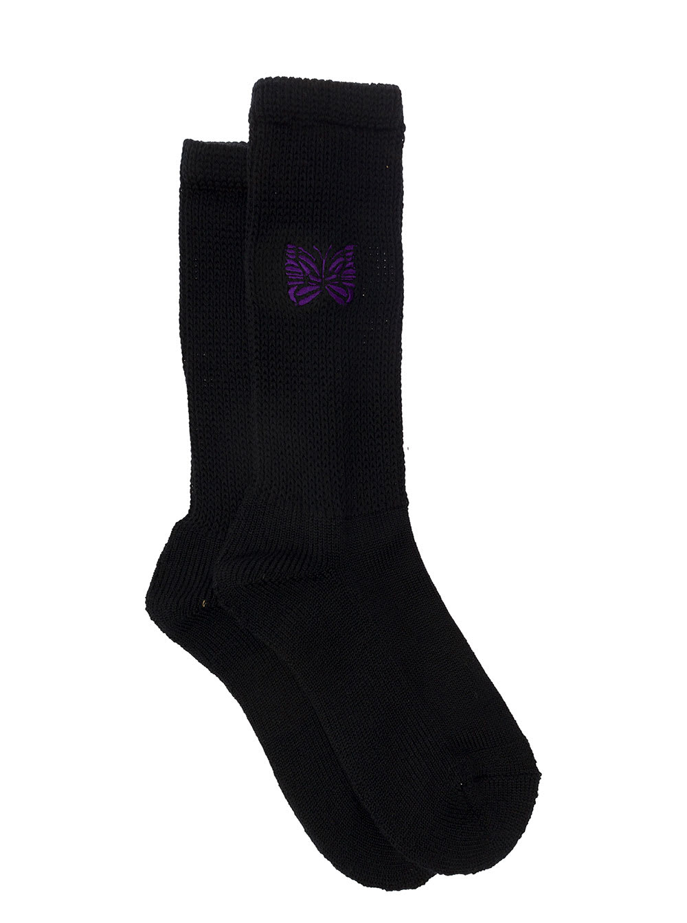 Shop Needles Black High-socks With Jacquard Logo In Wool Blend Man