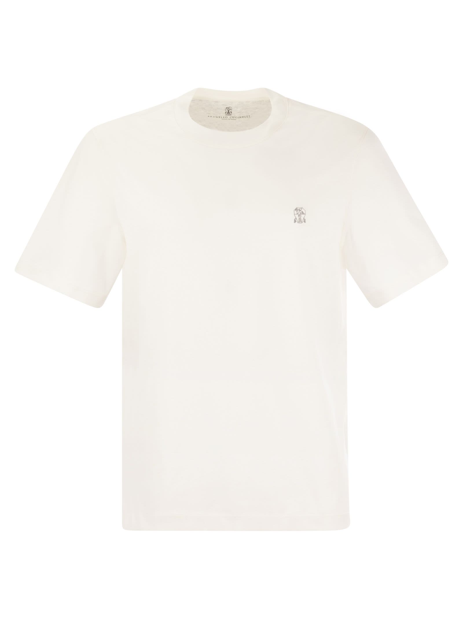 Shop Brunello Cucinelli Slim Fit Crew-neck T-shirt In Cotton Jersey With Logo In Off-white/grigio