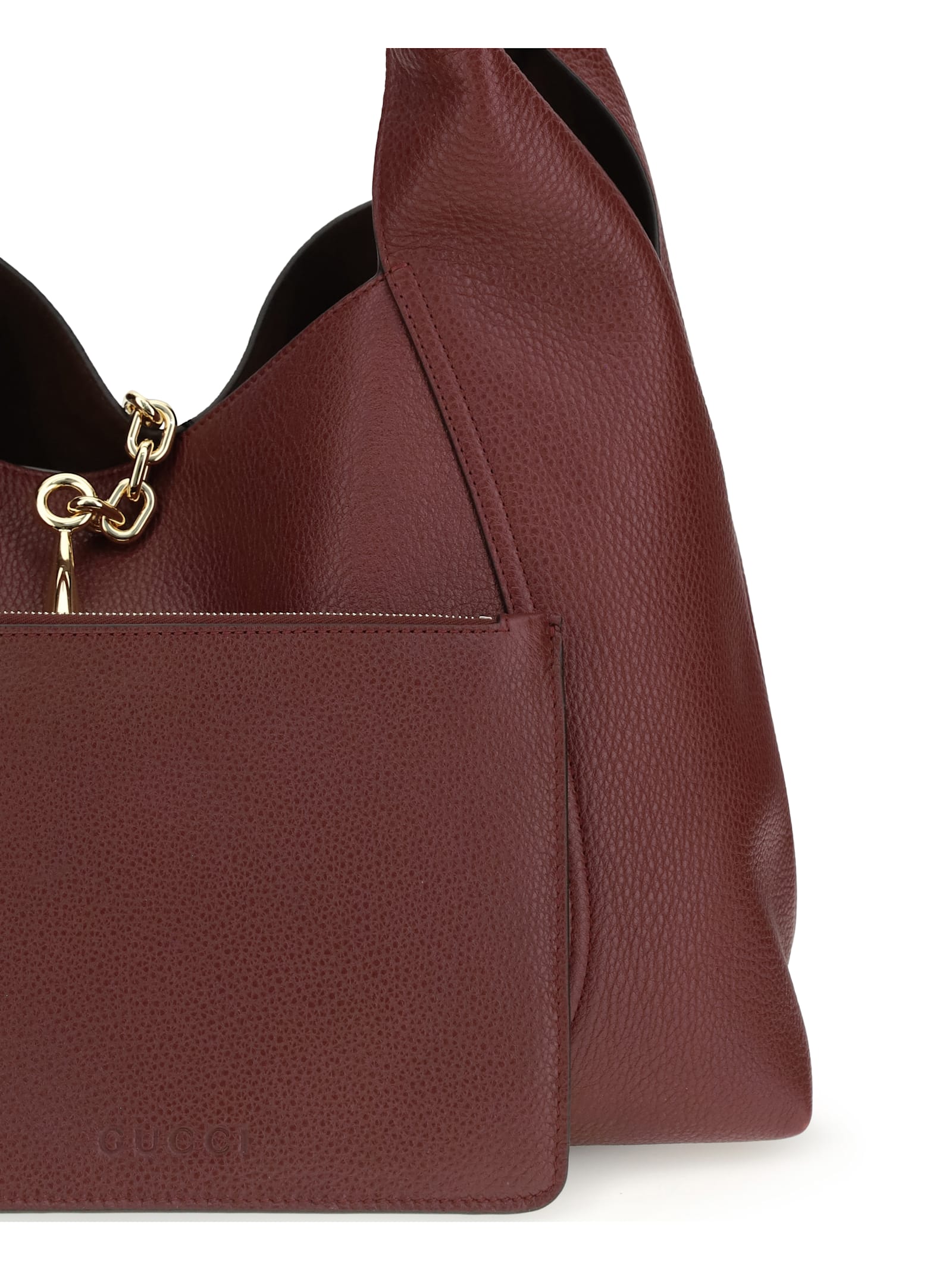 Gucci Women Bordeaux Shoulder Bag With Horsebit Closure In Grained Leather Woman In Burgundy