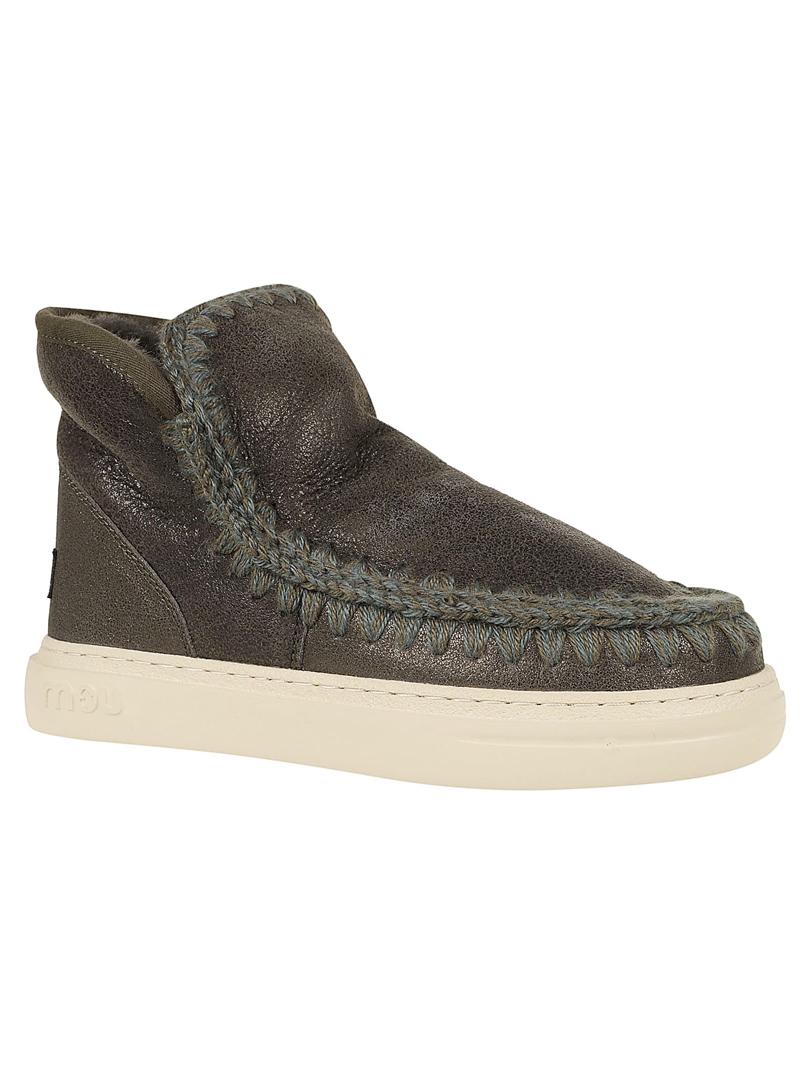 Mou Vibrant Green Sheep Skin Ankle Boots In Dubkol Dust Metallic Black Olive