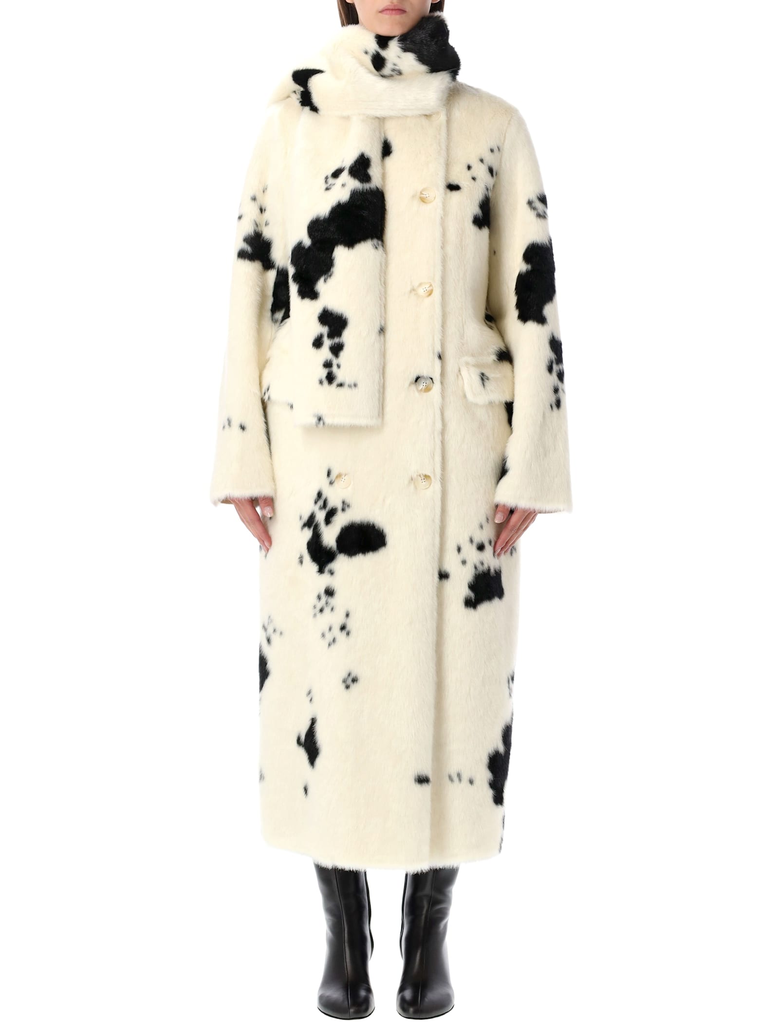 Stand Studio Double-breasted Faux-fur Coat With Cow Pattern In White
