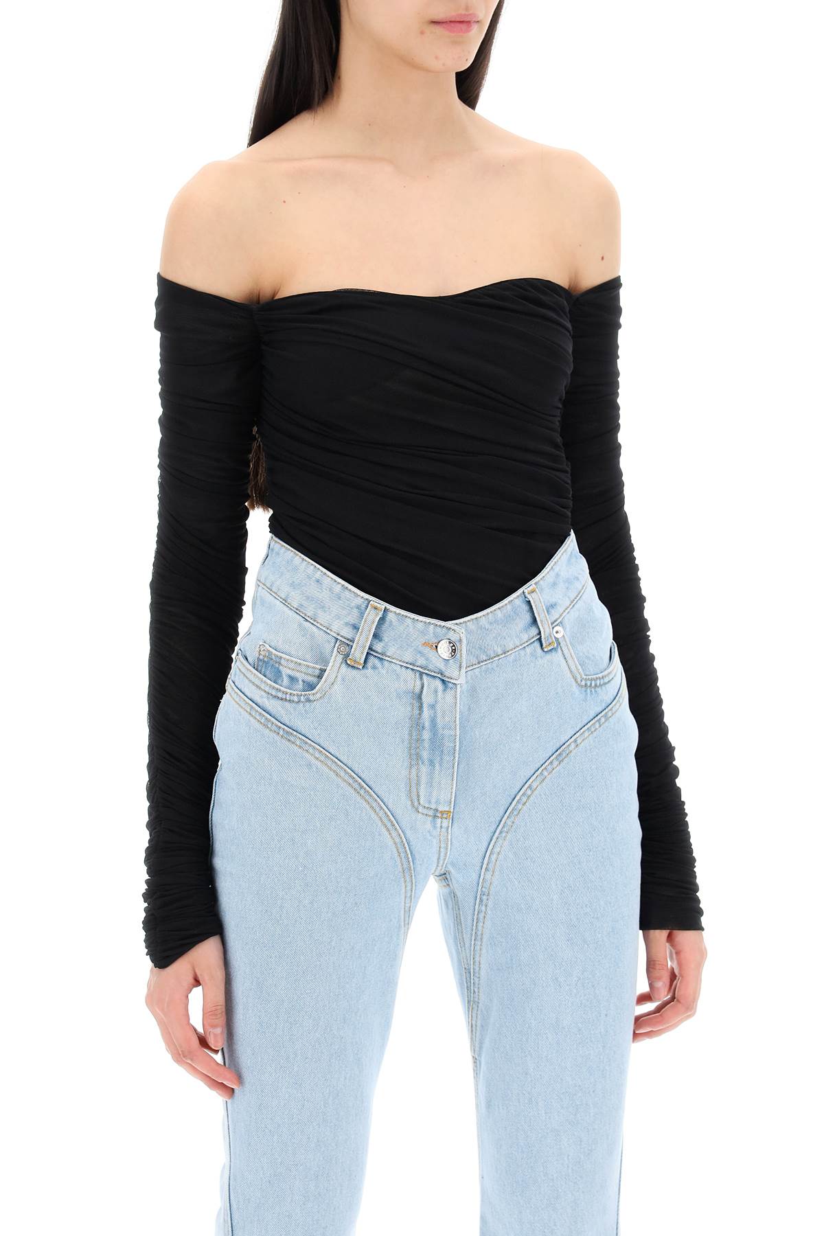 Shop Mugler Off-shoulder Mesh Body In Black (black)