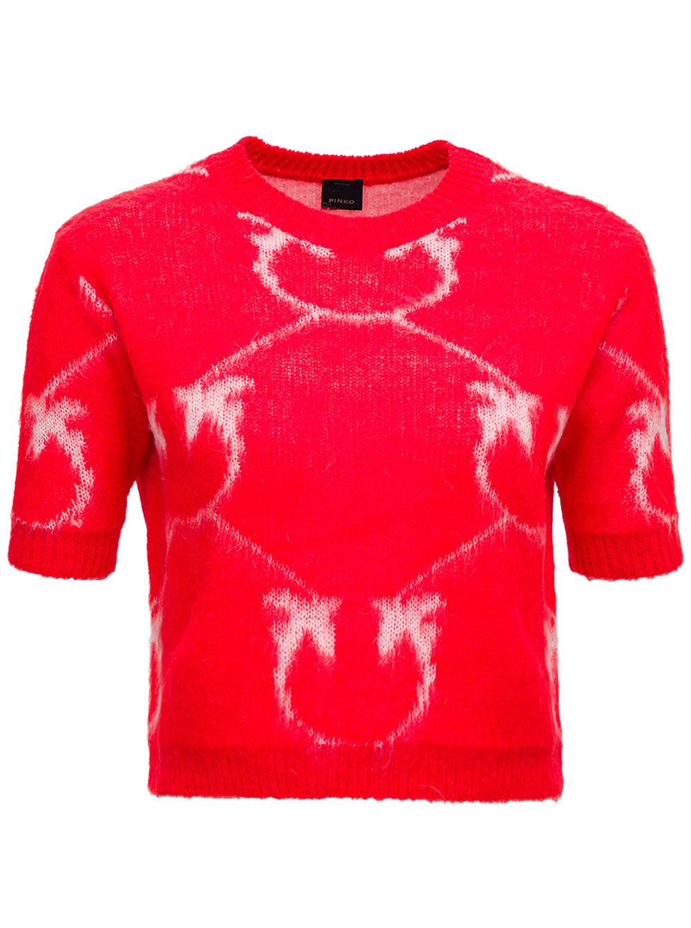 Pinko Red Mohair Blend T-shirt With Allover Logo Print
