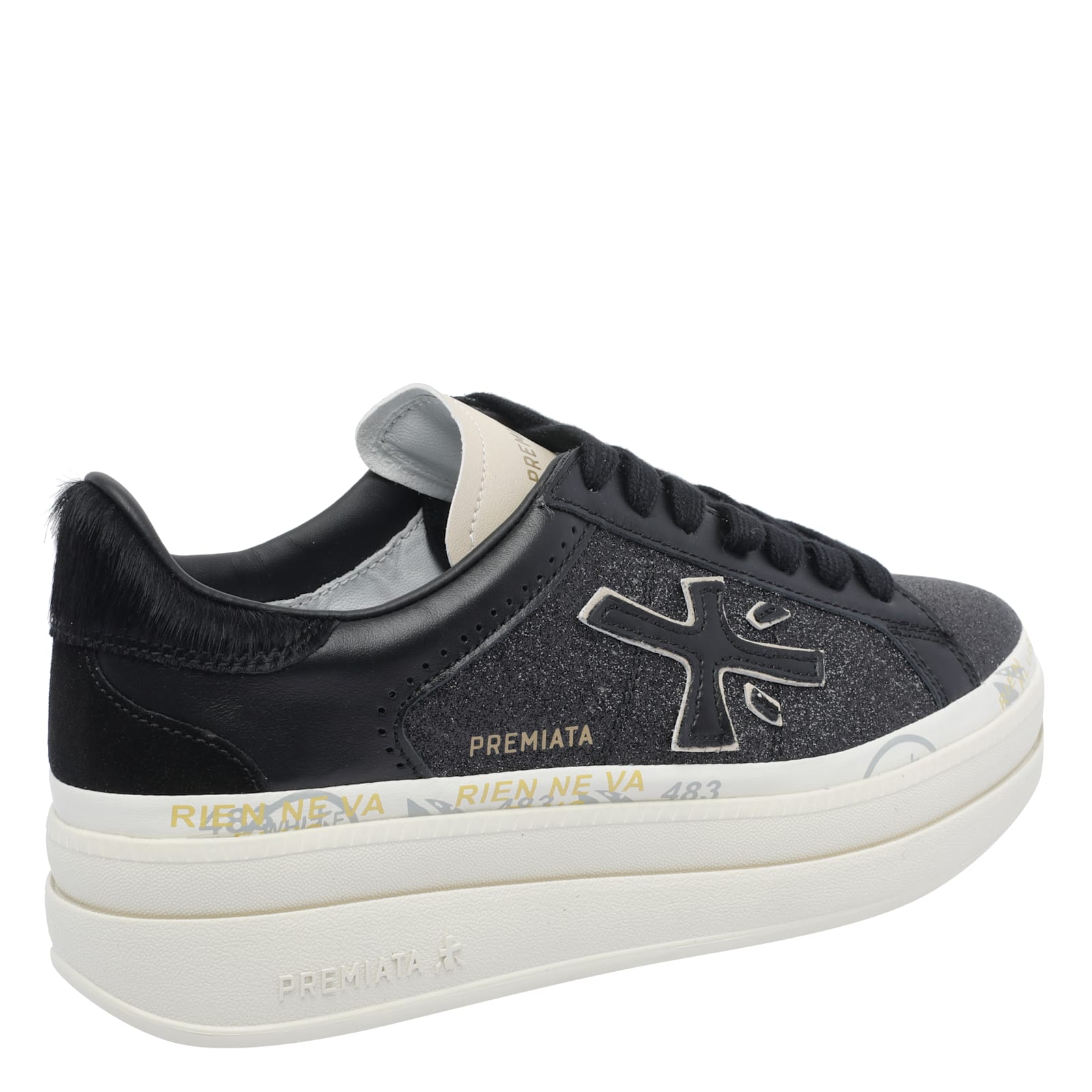 Premiata Platform Sneakers With Glitter And Contrast Tab In Black