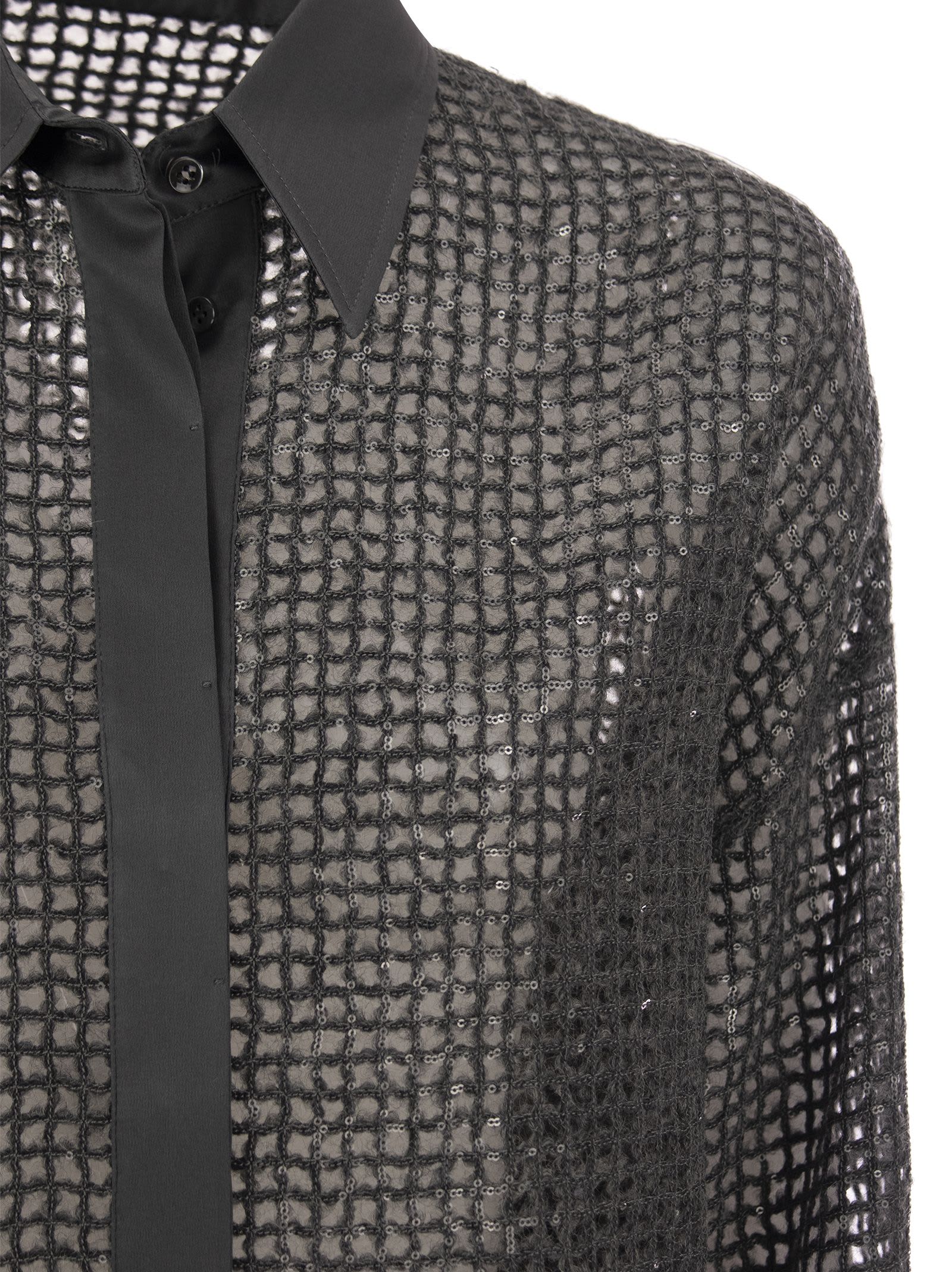 Shop Brunello Cucinelli Silk Dazzling Net Embroidery Shirt In Dark Grey