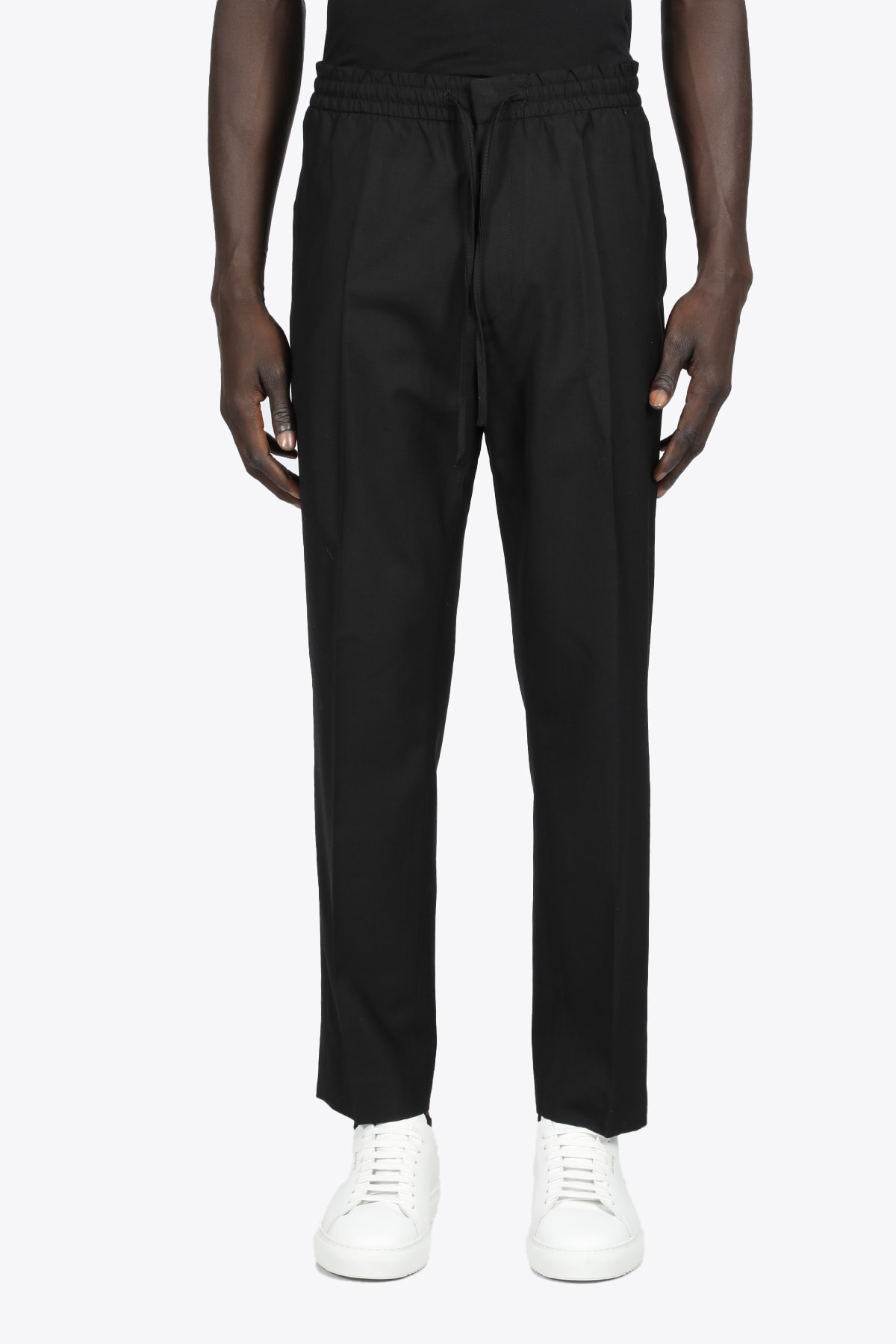 CMMN SWDN Tapered Drawstring Trousers Black wool tapered drawstring trousers