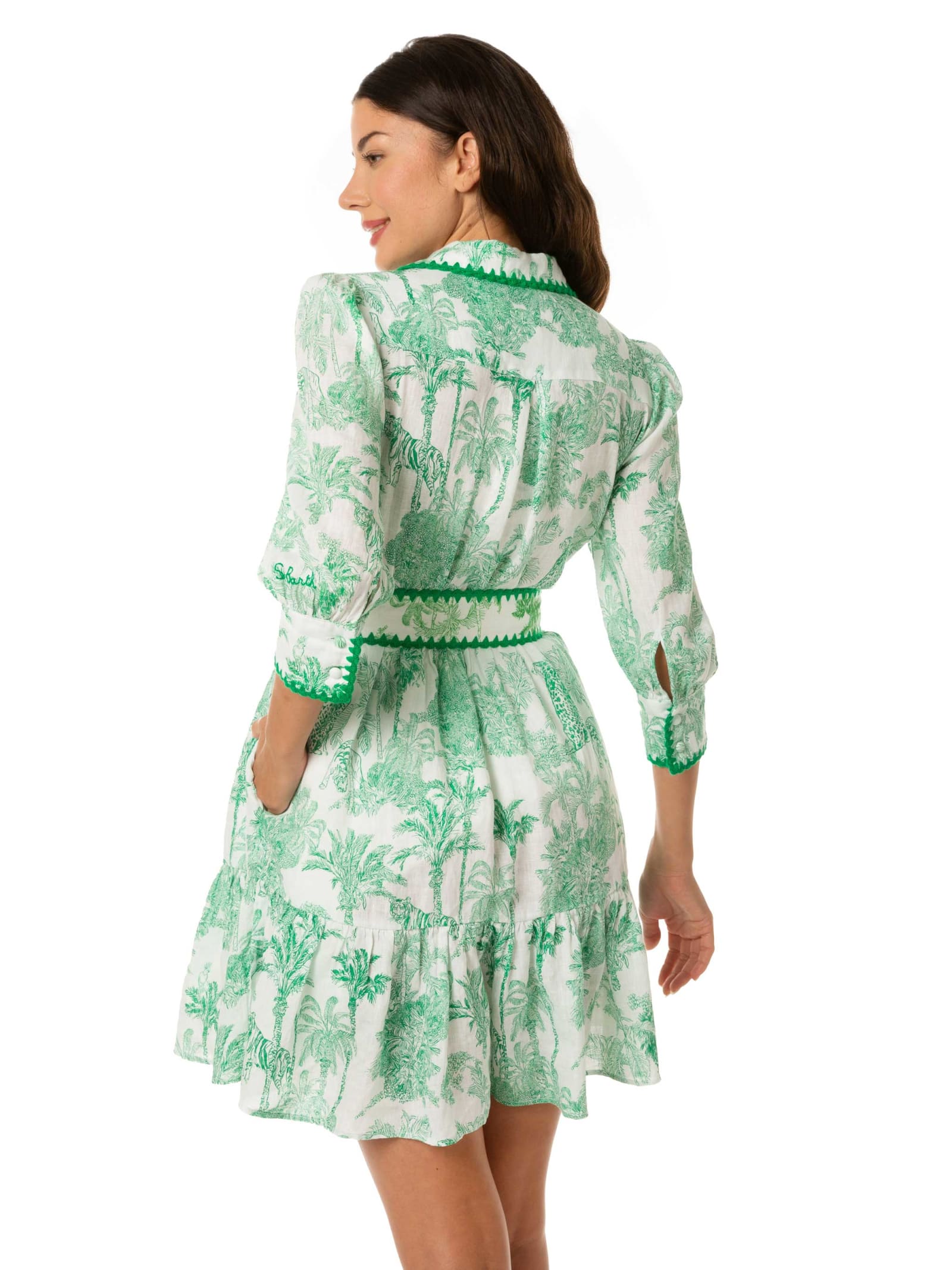 Shop Mc2 Saint Barth Jungle Print Linen Short Dress Daisy In Green
