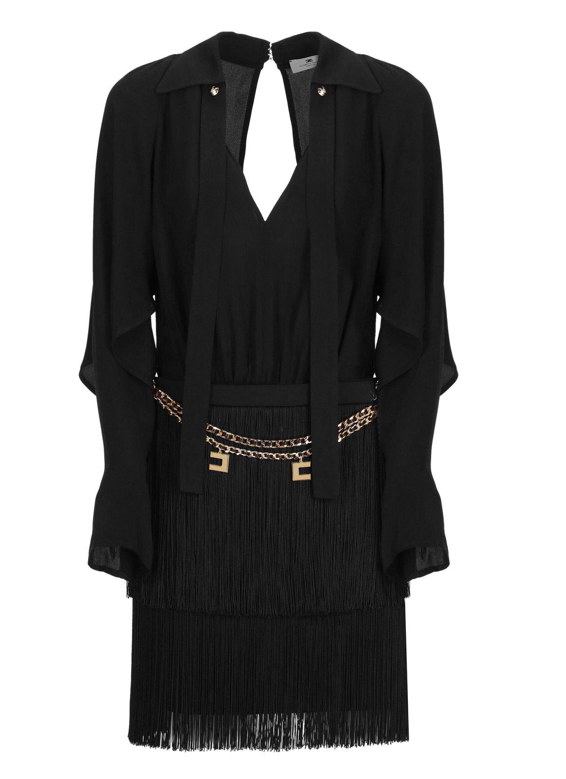 Shop Elisabetta Franchi Chain Detailed Fringed Mini Dress In Black