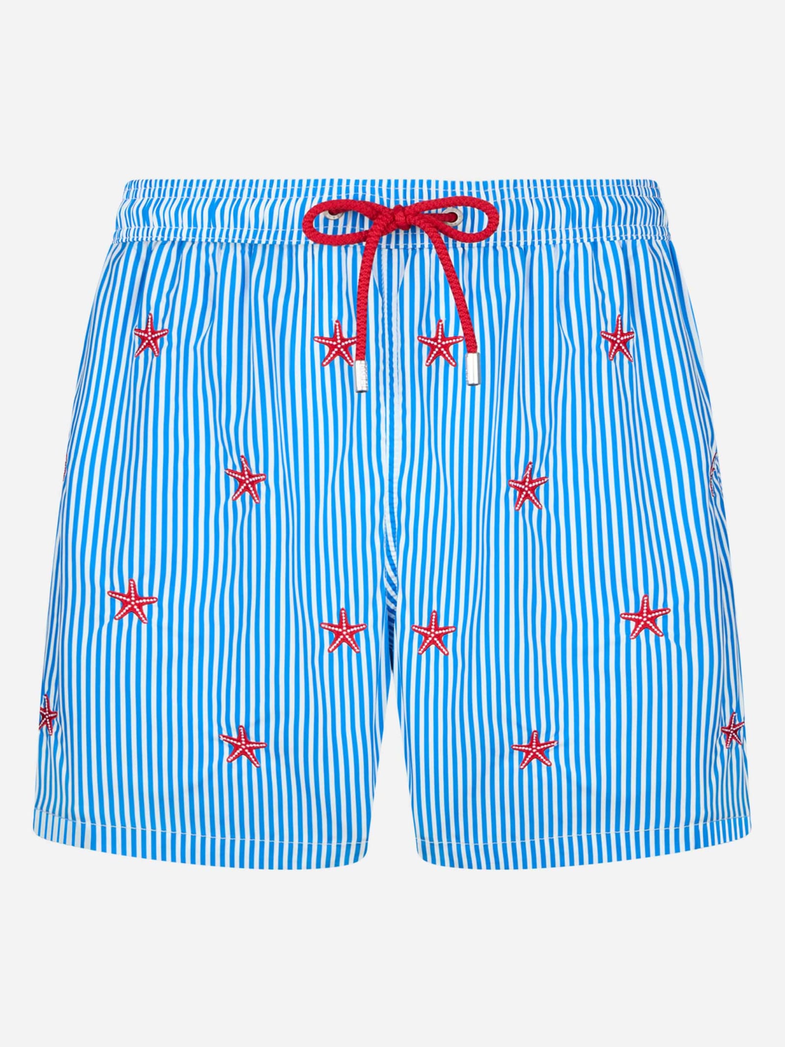 Shop Mc2 Saint Barth Man Lightweight Fabric Swim-shorts Lighting With Seastars Embroidery In Blue