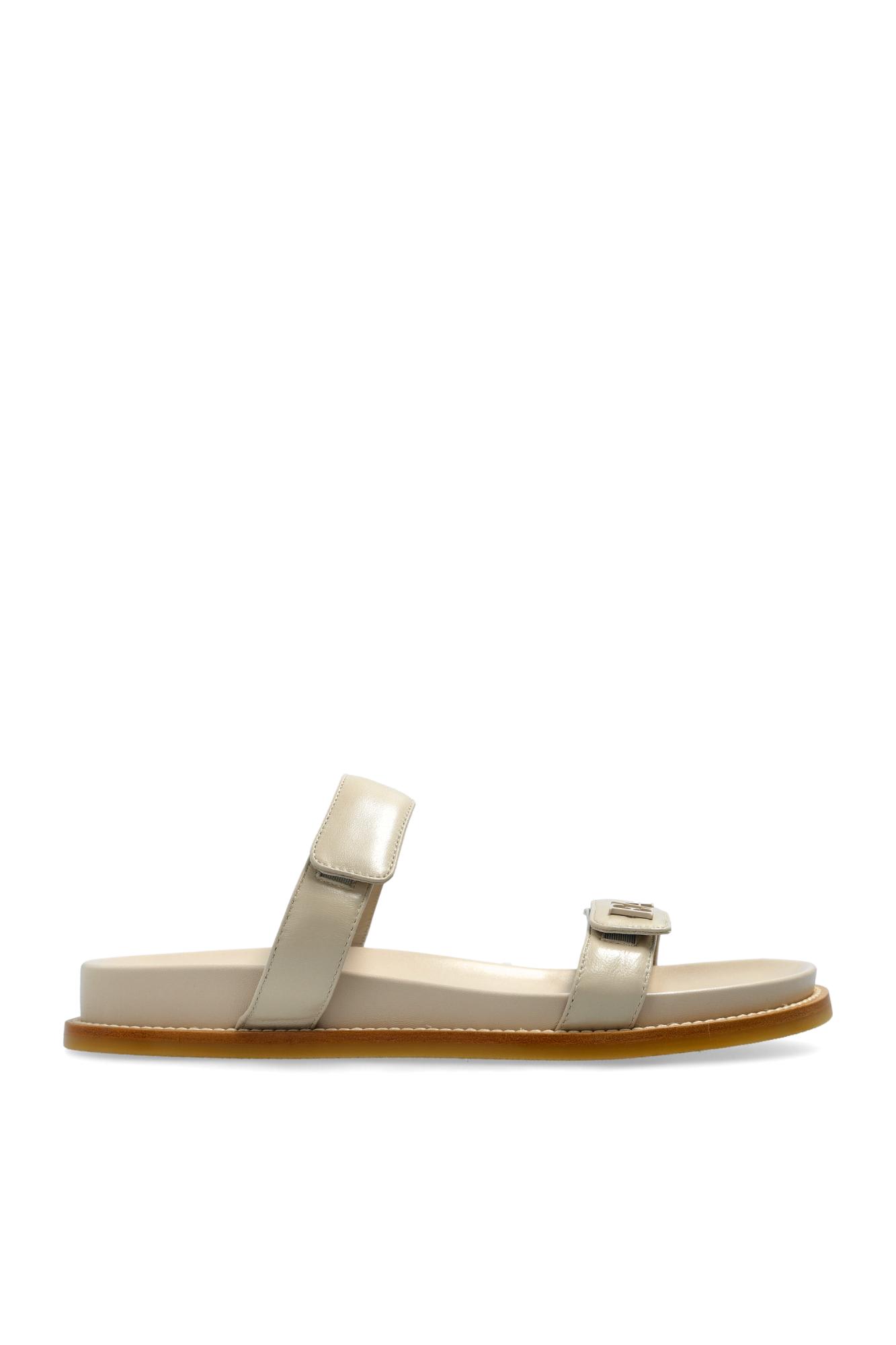 Emporio Armani Leather Slides With Logo In Sand