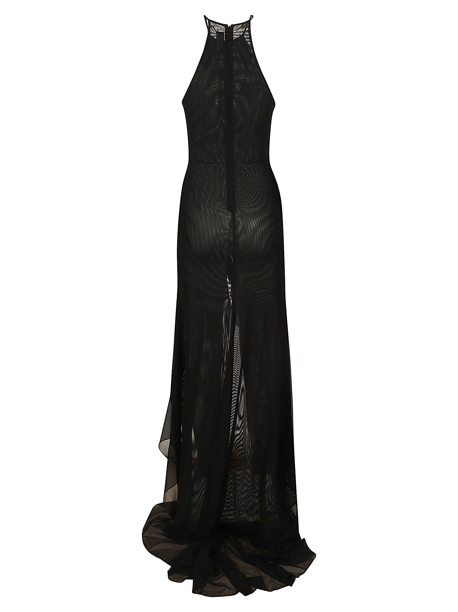 Shop David Koma Ruched Front & Ruffle Hem Detail Mesh Gown In Black