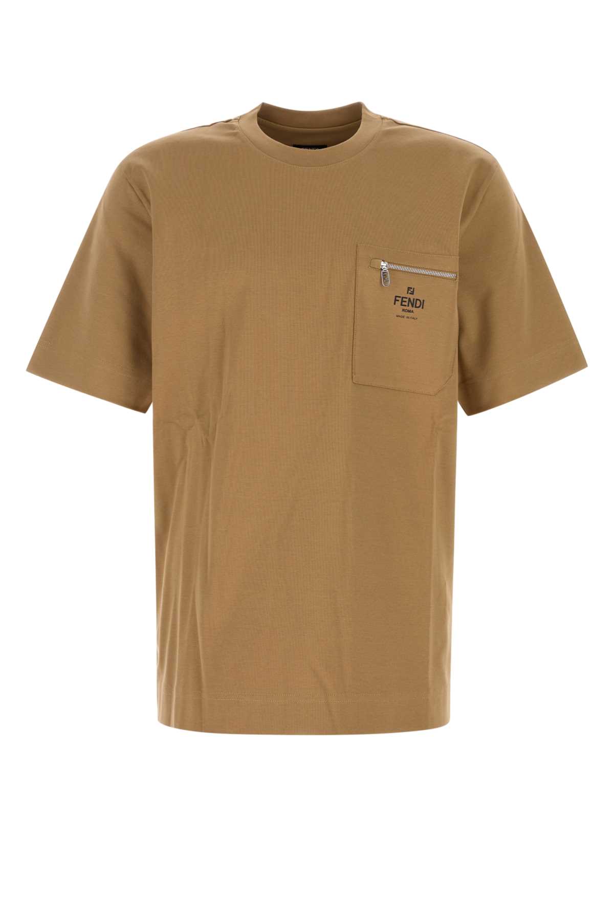 Fendi Cotton T-shirt With Chest Pocket And Crew Neck In Brown