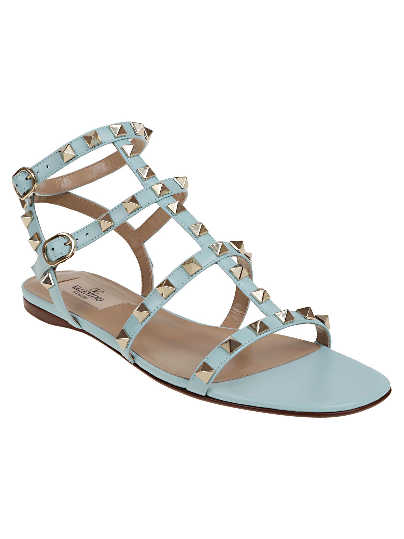 Valentino Rockstud T05 Flats Sandals In Acquamarina