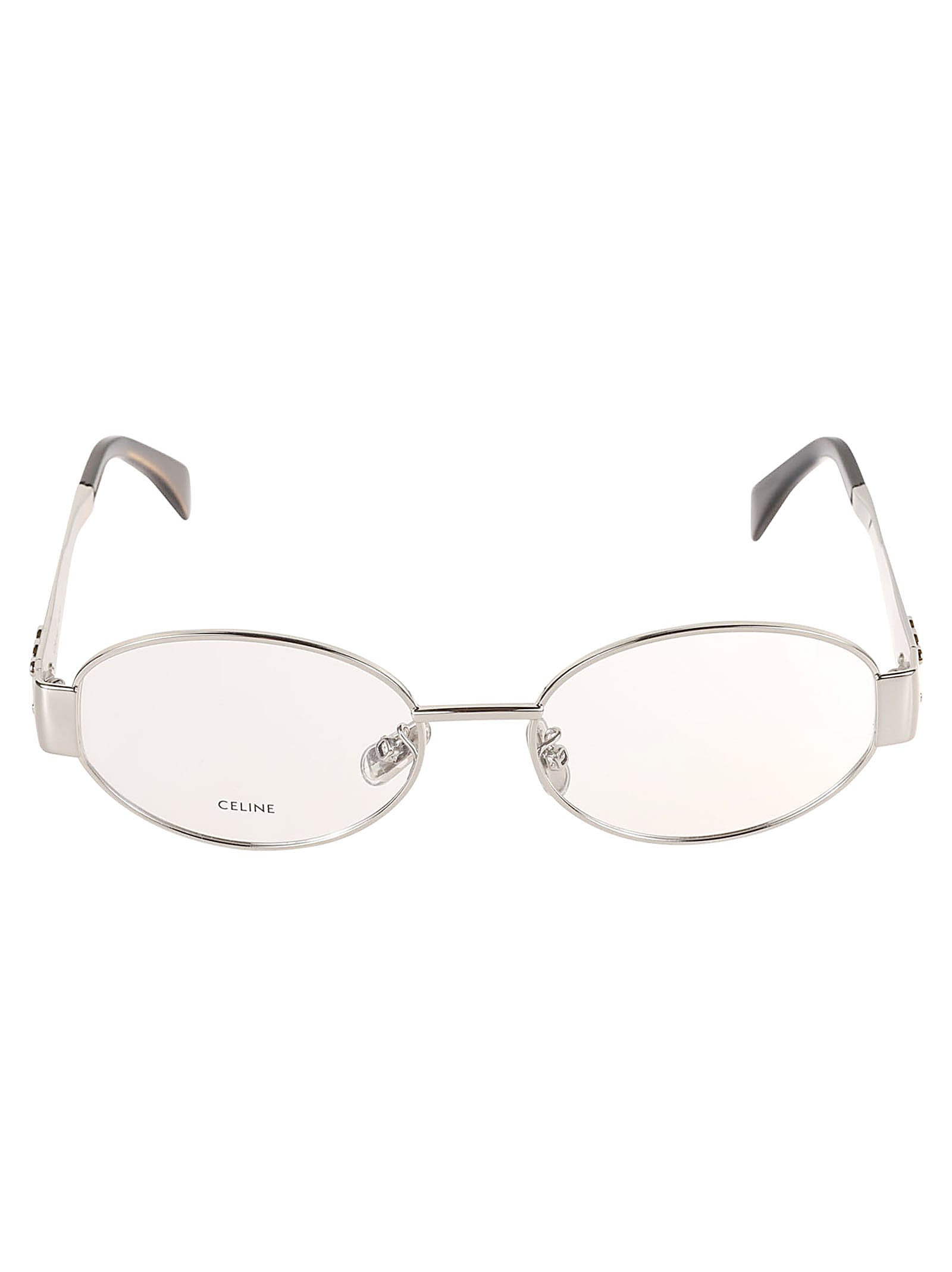 Celine Logo Embossed Oval Metal Frame Glasses In 016 - Silver