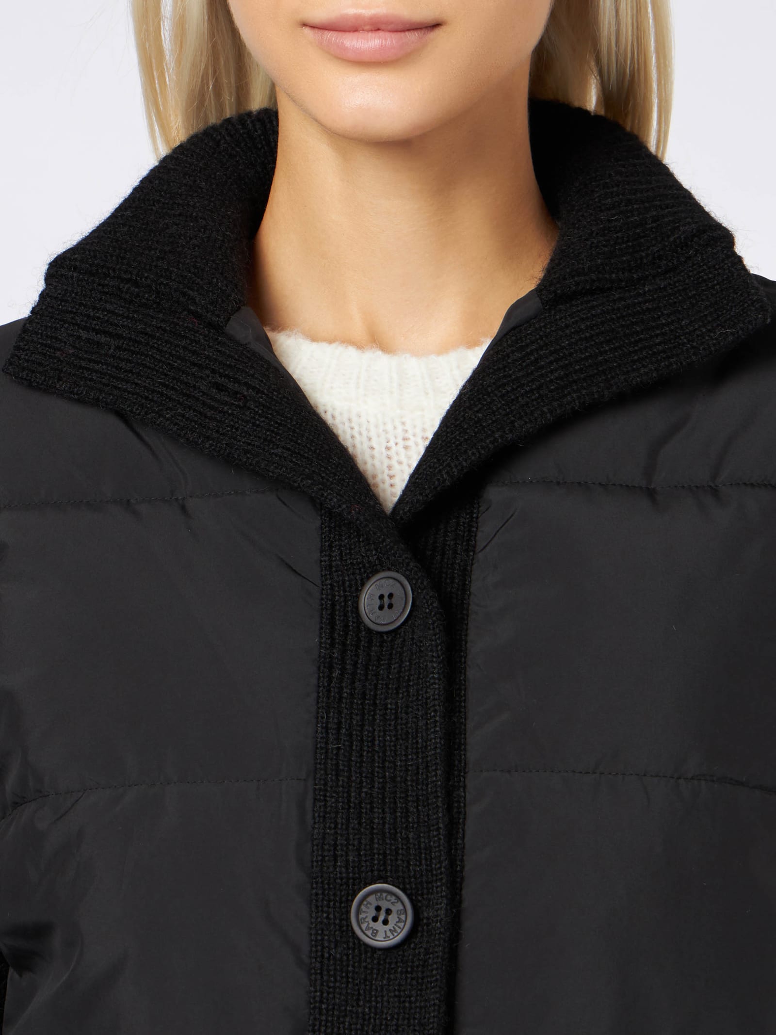 Shop Mc2 Saint Barth Woman Padded Jacket With Knitted Sleeves In Black