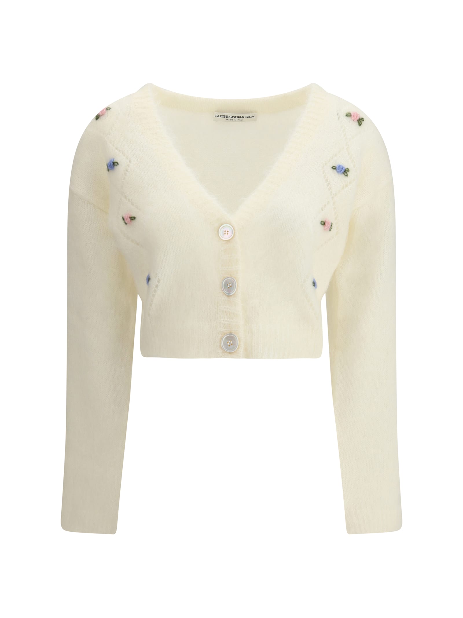 Alessandra Rich Cropped Mohair V-neck Cardigan With Long Sleeves In White