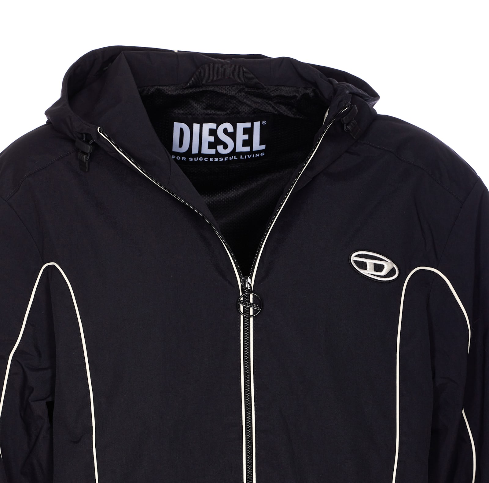 Diesel Contrast Piping Logo-patch Windbreaker In Black