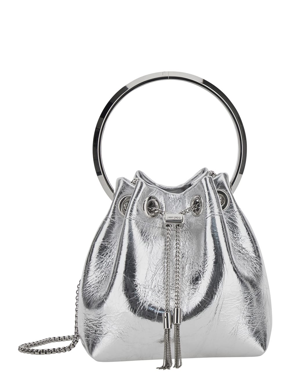 Jimmy Choo Bon Bon Metallic Handbag With Metal Bracelet Handle And Chain-link Shoulder Strap In Leather Woman In Silver