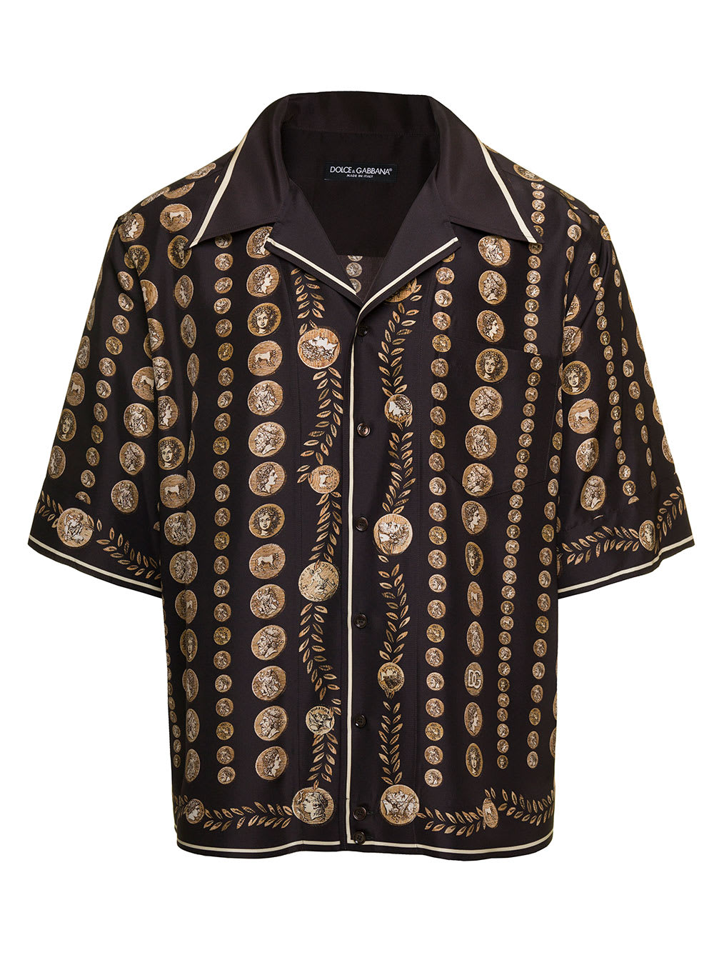 DOLCE & GABBANA BLACK BOWLING SHIRT WITH ALL-OVER COIN PRINT IN SILK MAN