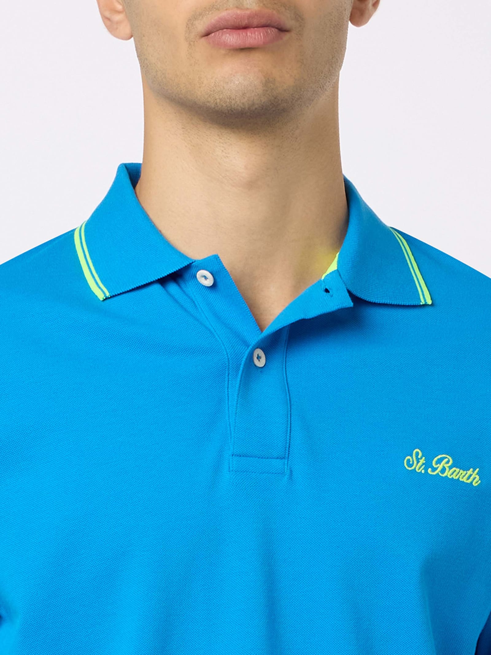 Mc2 Saint Barth Man Bluette Cotton Piquet Polo Shirt Beverly Hills With Palm Embroidery In Blue