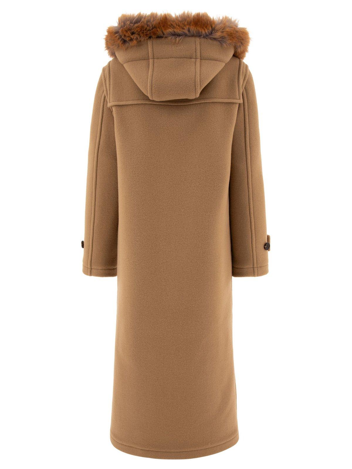 Shop Burberry Faux-fur Trim Long Sleeved Duffle Coat In Brown