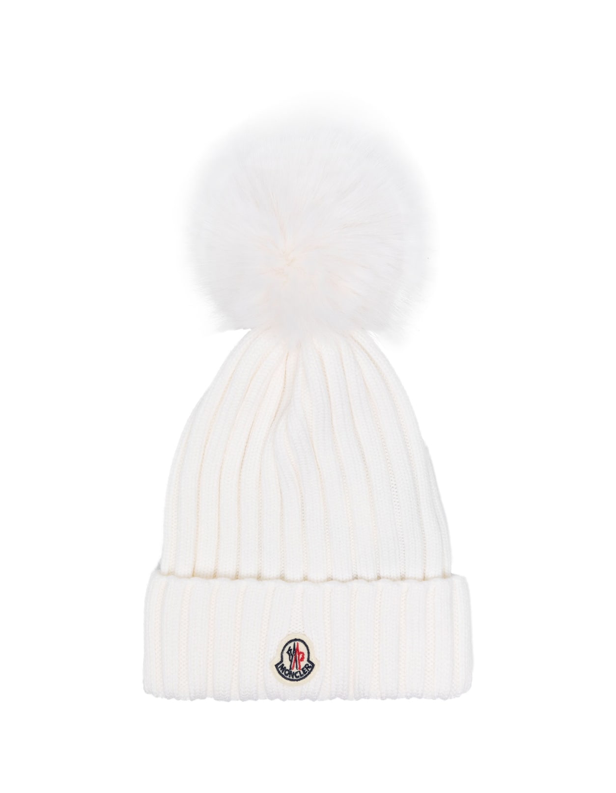 Moncler White Ribbed Beanie With Pompon