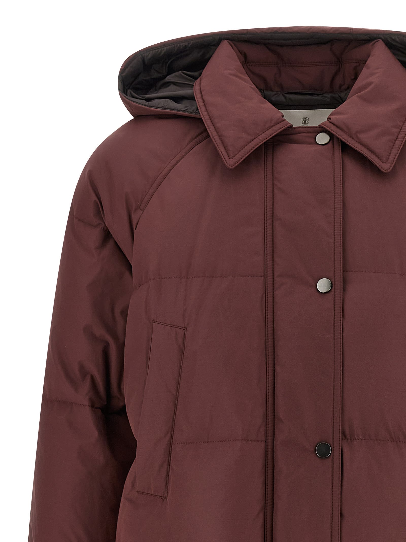 Brunello Cucinelli Shiny Zipper Pull Puffer Jackets Bordeaux In Brown